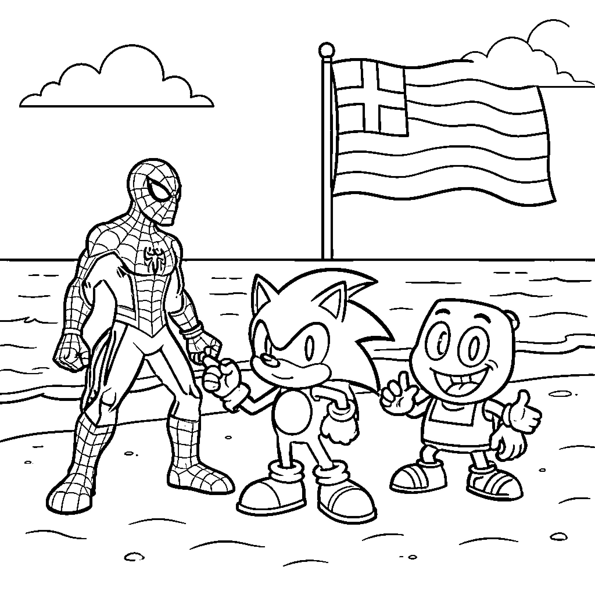 Spider-Man standing with Sonic and a cartoon character Coloring Page (free black-and-white line drawing printable PDF for all, from beginners to advanced learners, including children, teens, adults, and seniors)