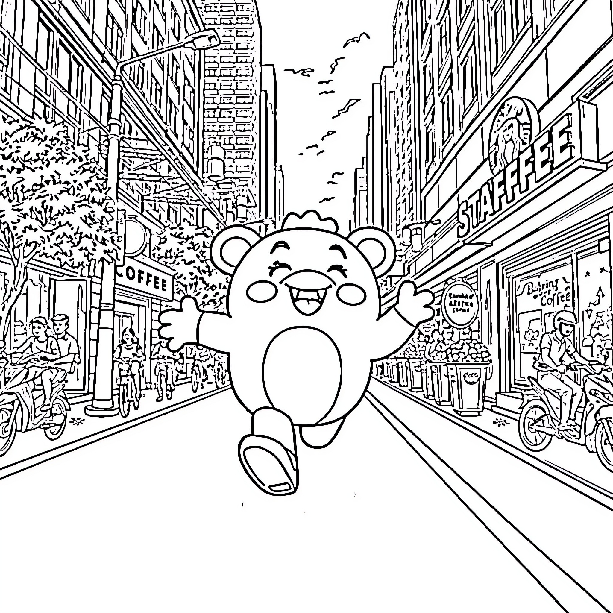 Labubu's Exciting Adventure in the City Coloring Page (free black-and-white line drawing printable PDF for all, from beginners to advanced learners, including children, teens, adults, and seniors)