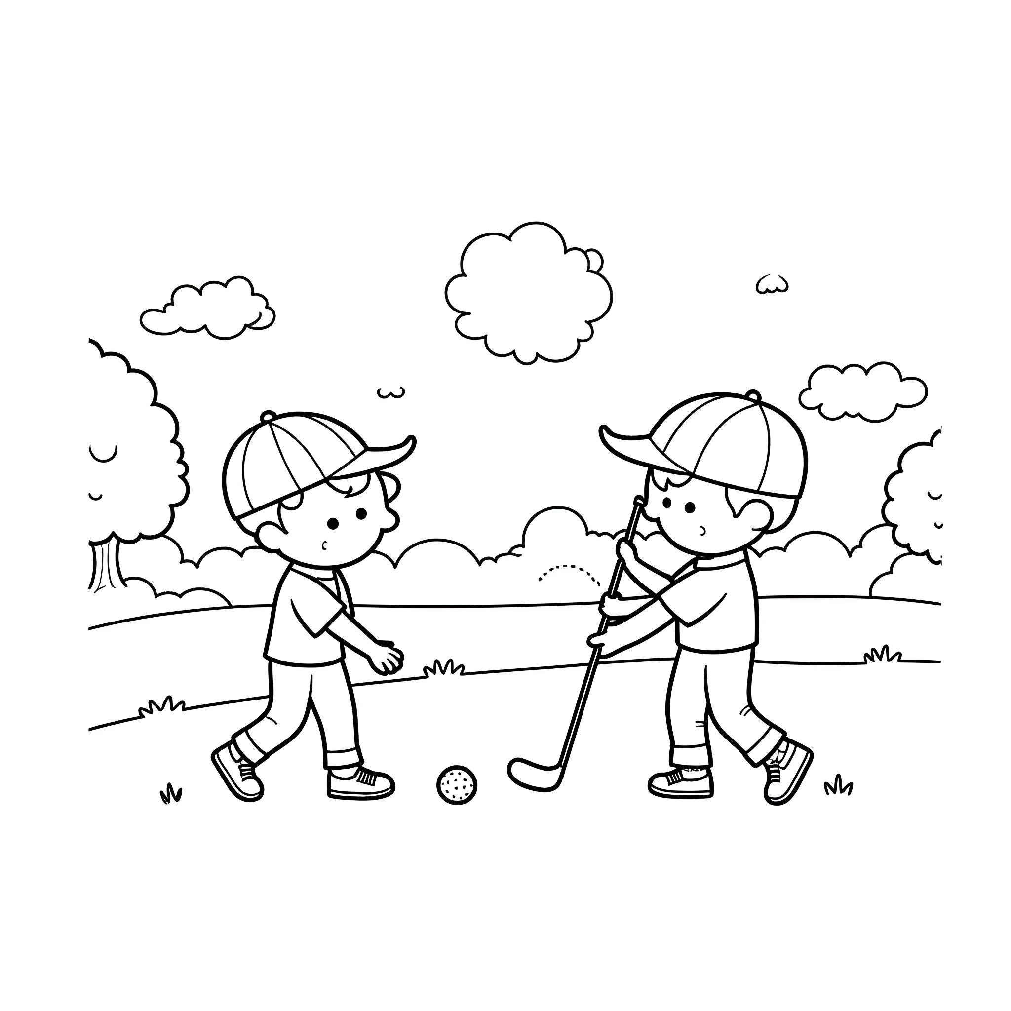 Boy playing golf with friend on grassy field Coloring Page (free black-and-white line drawing printable PDF for all, from beginners to advanced learners, including children, teens, adults, and seniors)