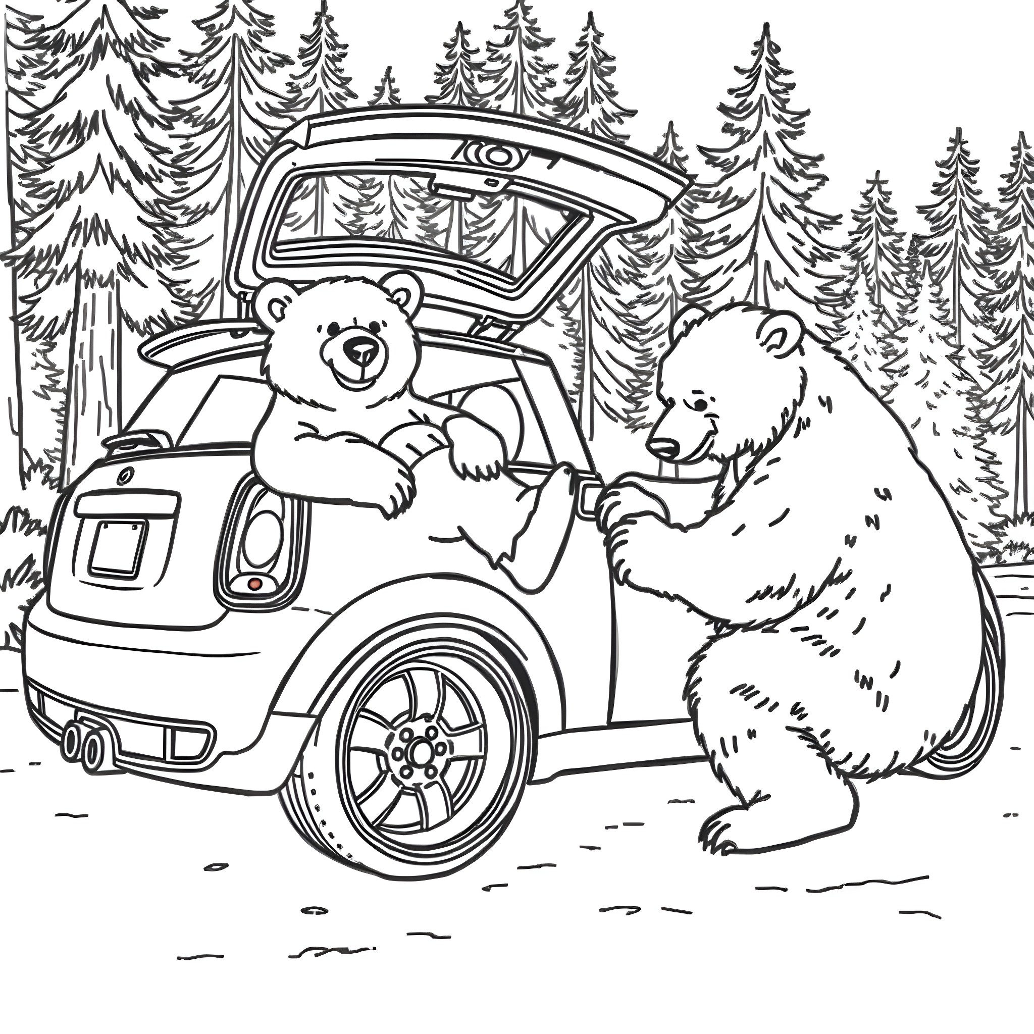 Bears relaxing in the car in the forest Coloring Page (free black-and-white line drawing printable PDF for all, from beginners to advanced learners, including children, teens, adults, and seniors)