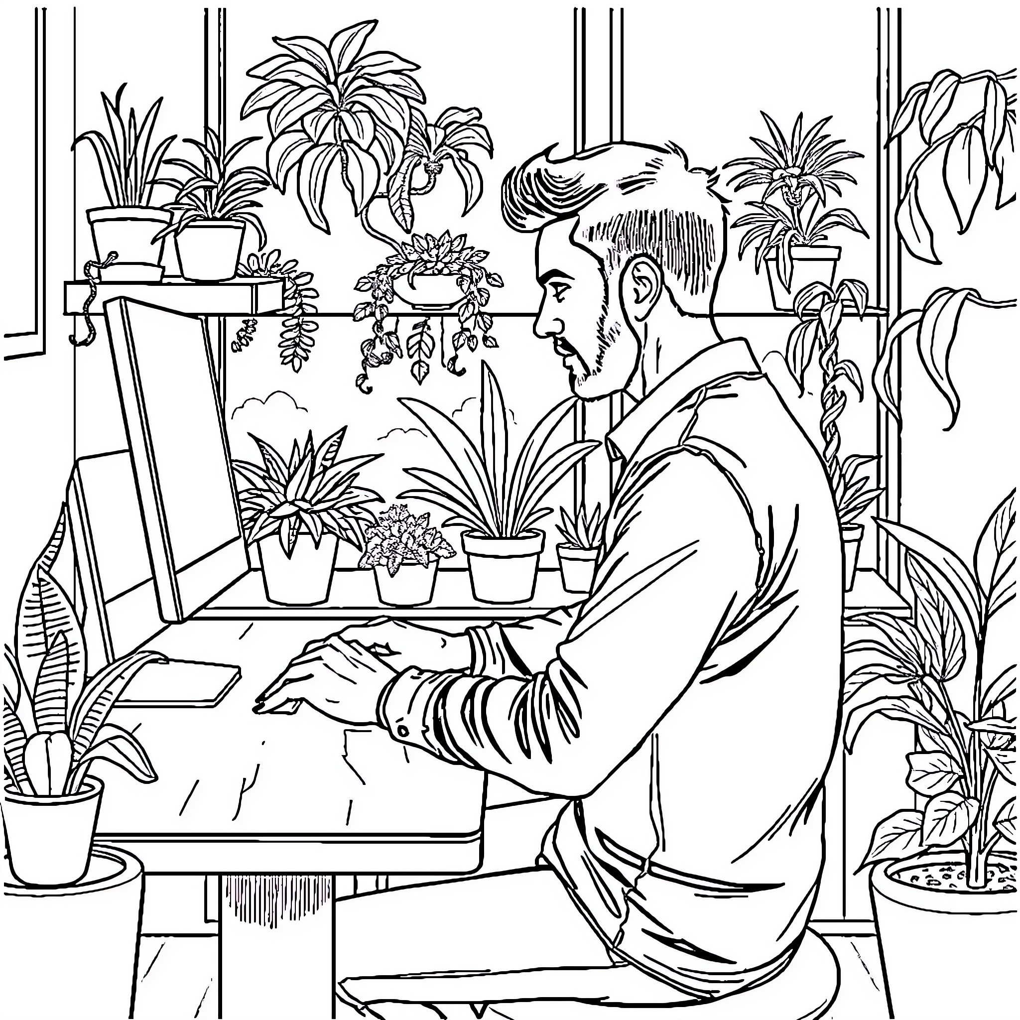 Man tending to indoor plants in cozy greenhouse Coloring Page (free black-and-white line drawing printable PDF for all, from beginners to advanced learners, including children, teens, adults, and seniors)