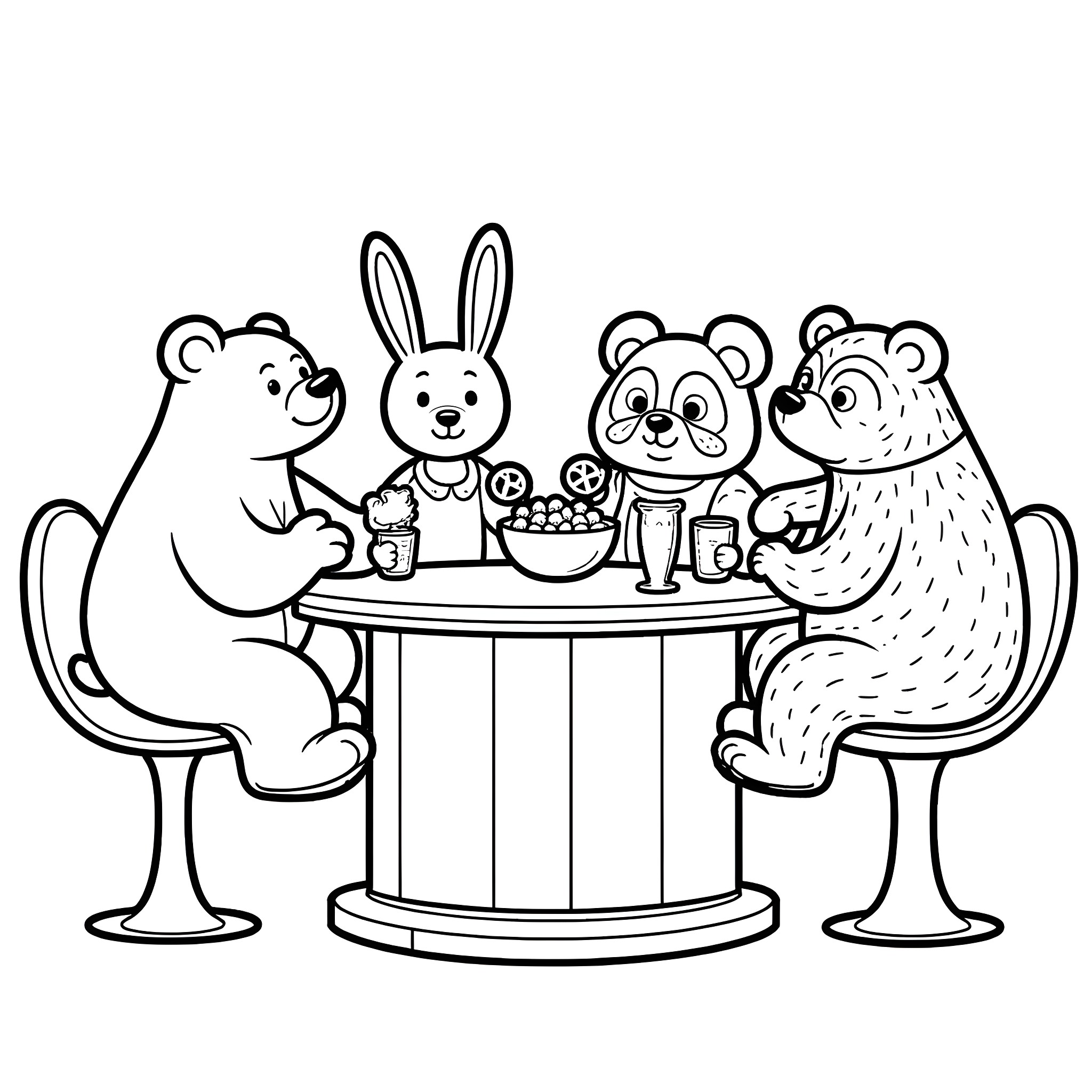 Bear friends having a snack together Coloring Page (free black-and-white line drawing printable PDF for all, from beginners to advanced learners, including children, teens, adults, and seniors)