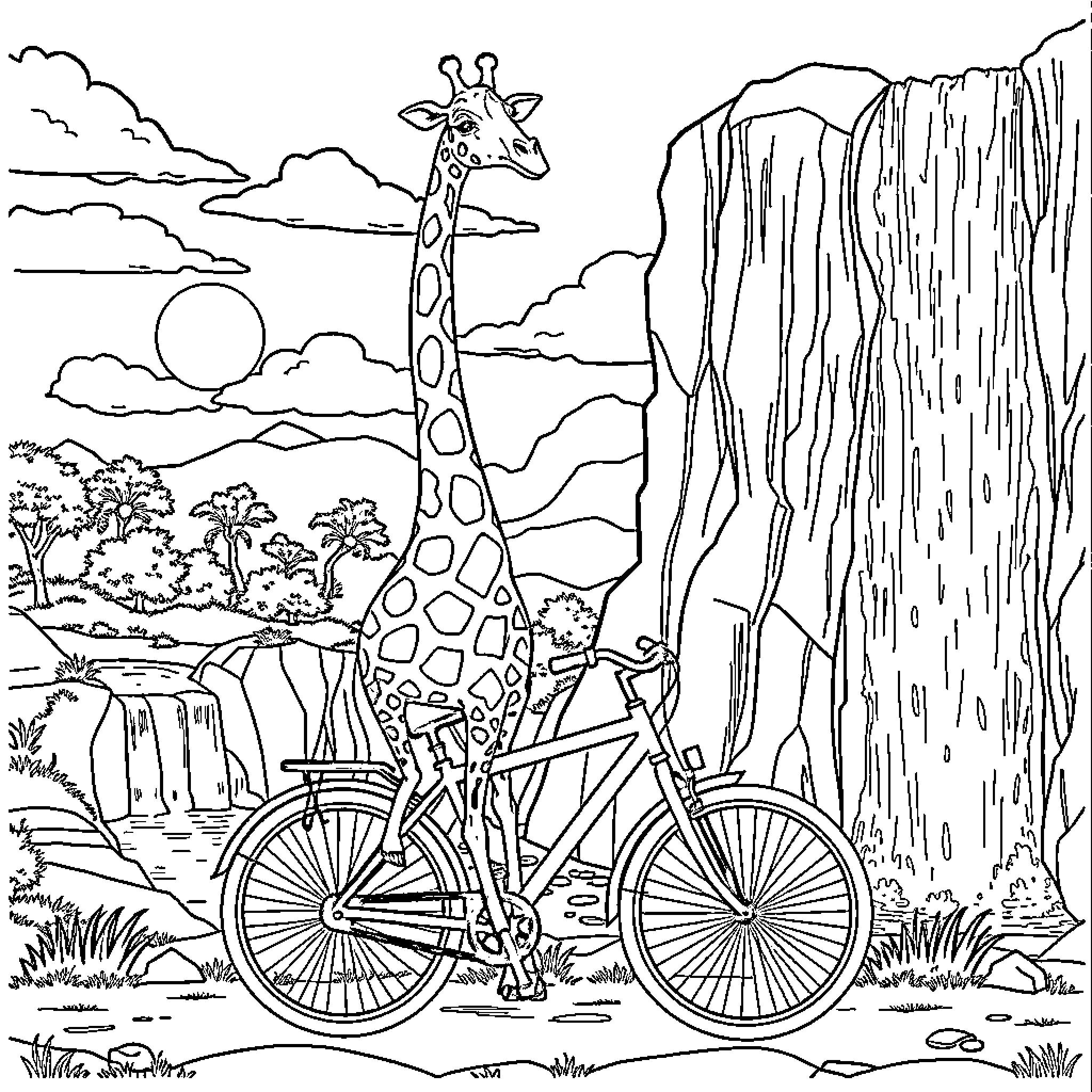 Giraffe riding a bicycle near a waterfall Coloring Page (free black-and-white line drawing printable PDF for all, from beginners to advanced learners, including children, teens, adults, and seniors)