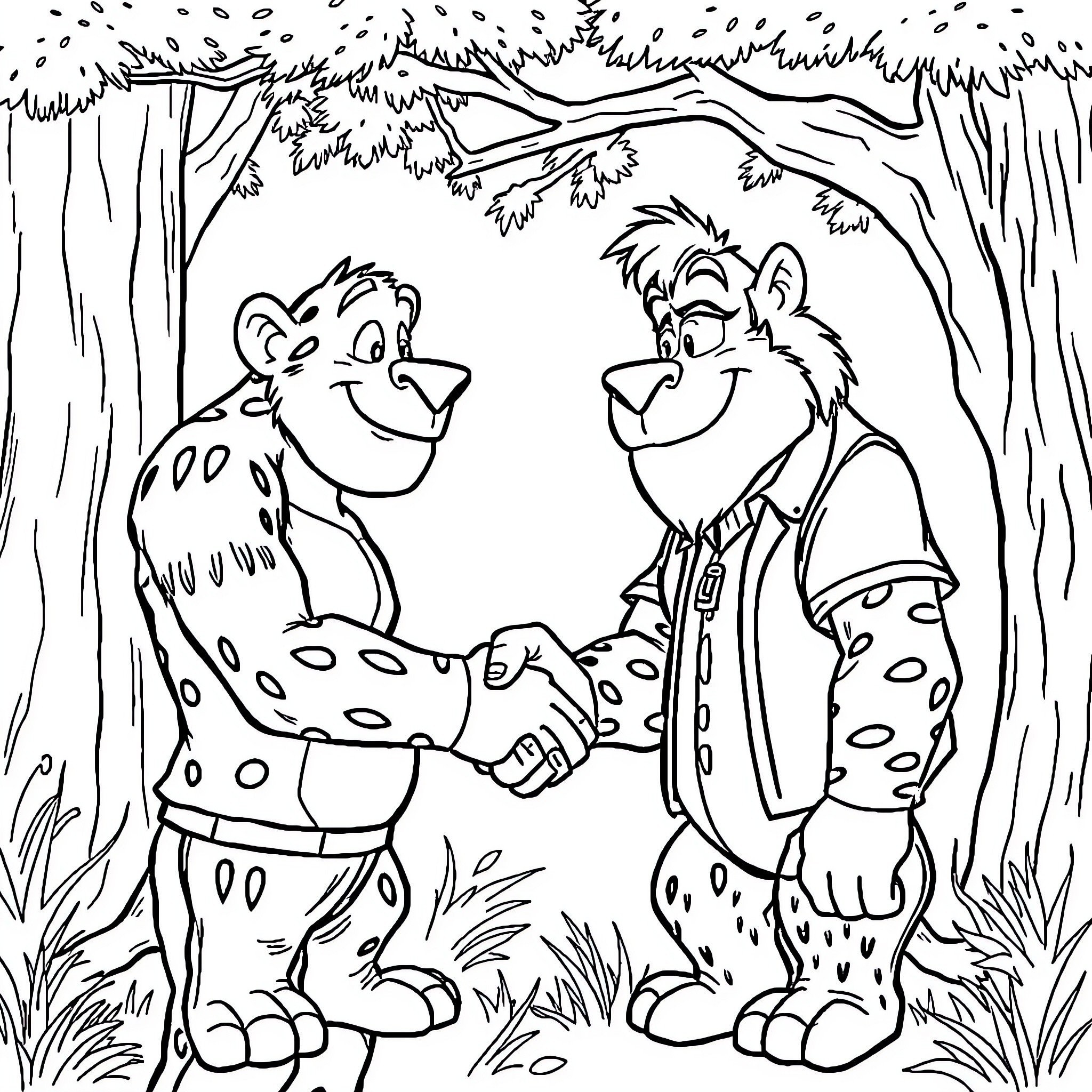 Trunk Shaking Hands of Friends in the Jungle Coloring Page (free black-and-white line drawing printable PDF for all, from beginners to advanced learners, including children, teens, adults, and seniors)