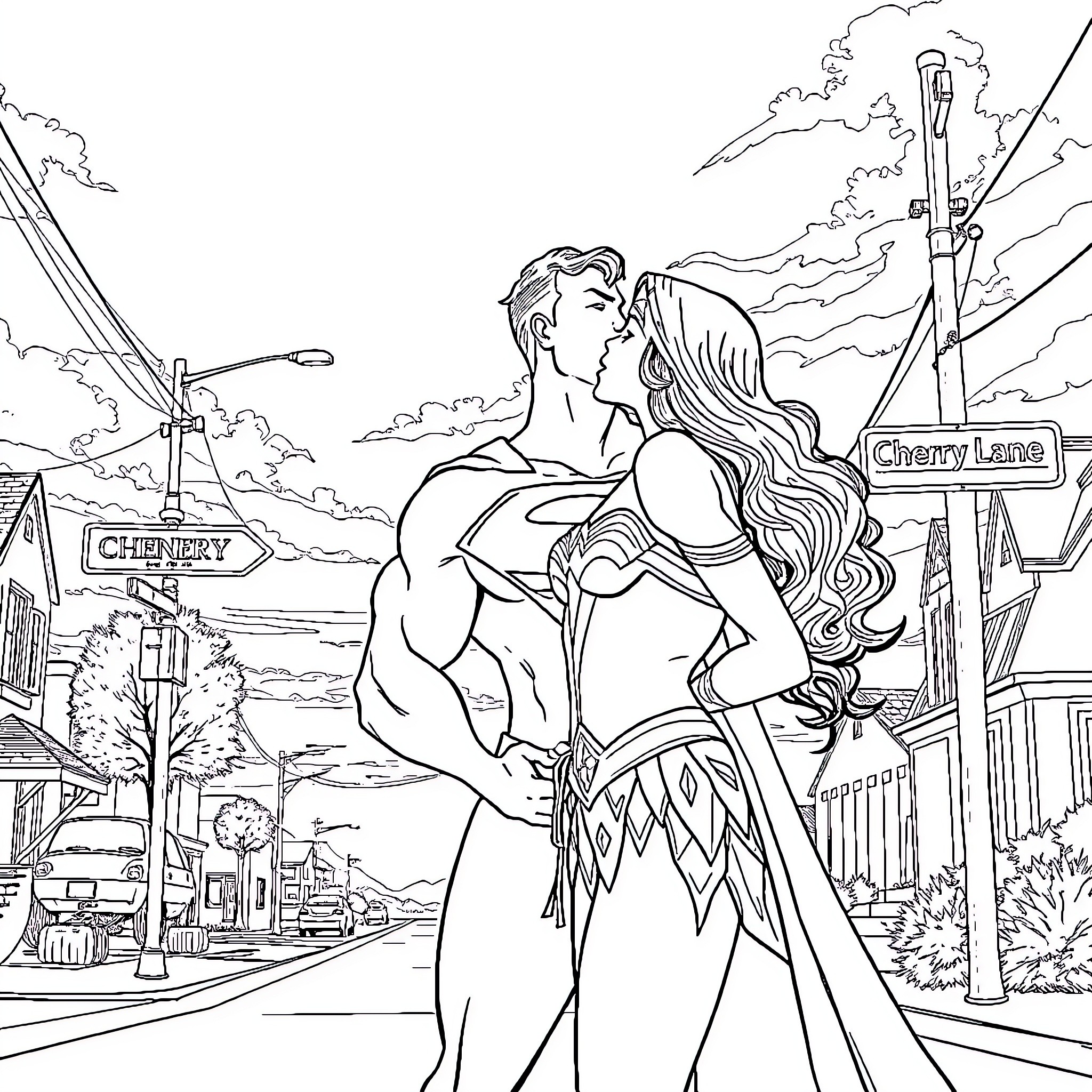 Superman and Wonder Woman's romantic encounter in the city Coloring Page (free black-and-white line drawing printable PDF for all, from beginners to advanced learners, including children, teens, adults, and seniors)