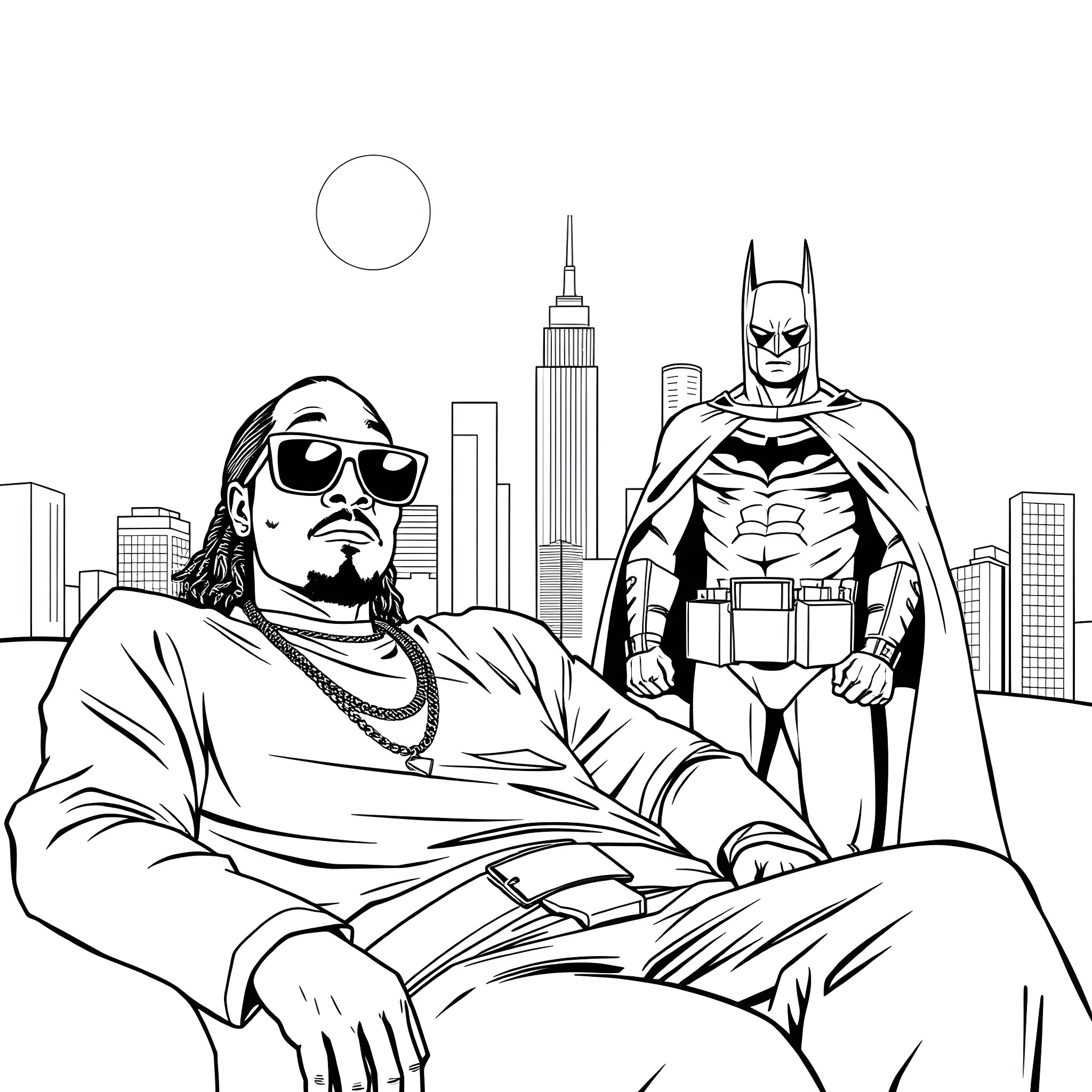 Snoop Dogg and Batman in the city Coloring Page (free black-and-white line drawing printable PDF for all, from beginners to advanced learners, including children, teens, adults, and seniors)