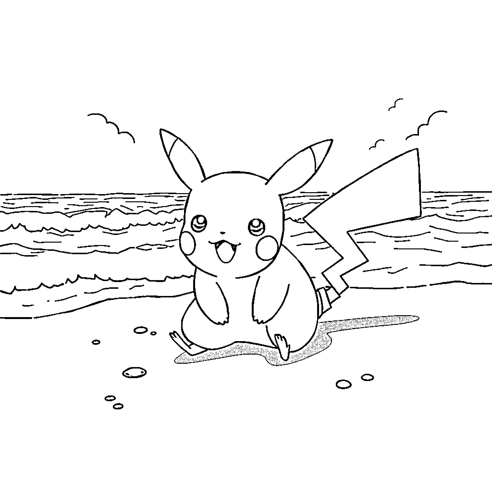 Pikachu smiling happily on a sandy beach Coloring Page (free black-and-white line drawing printable PDF for all, from beginners to advanced learners, including children, teens, adults, and seniors)