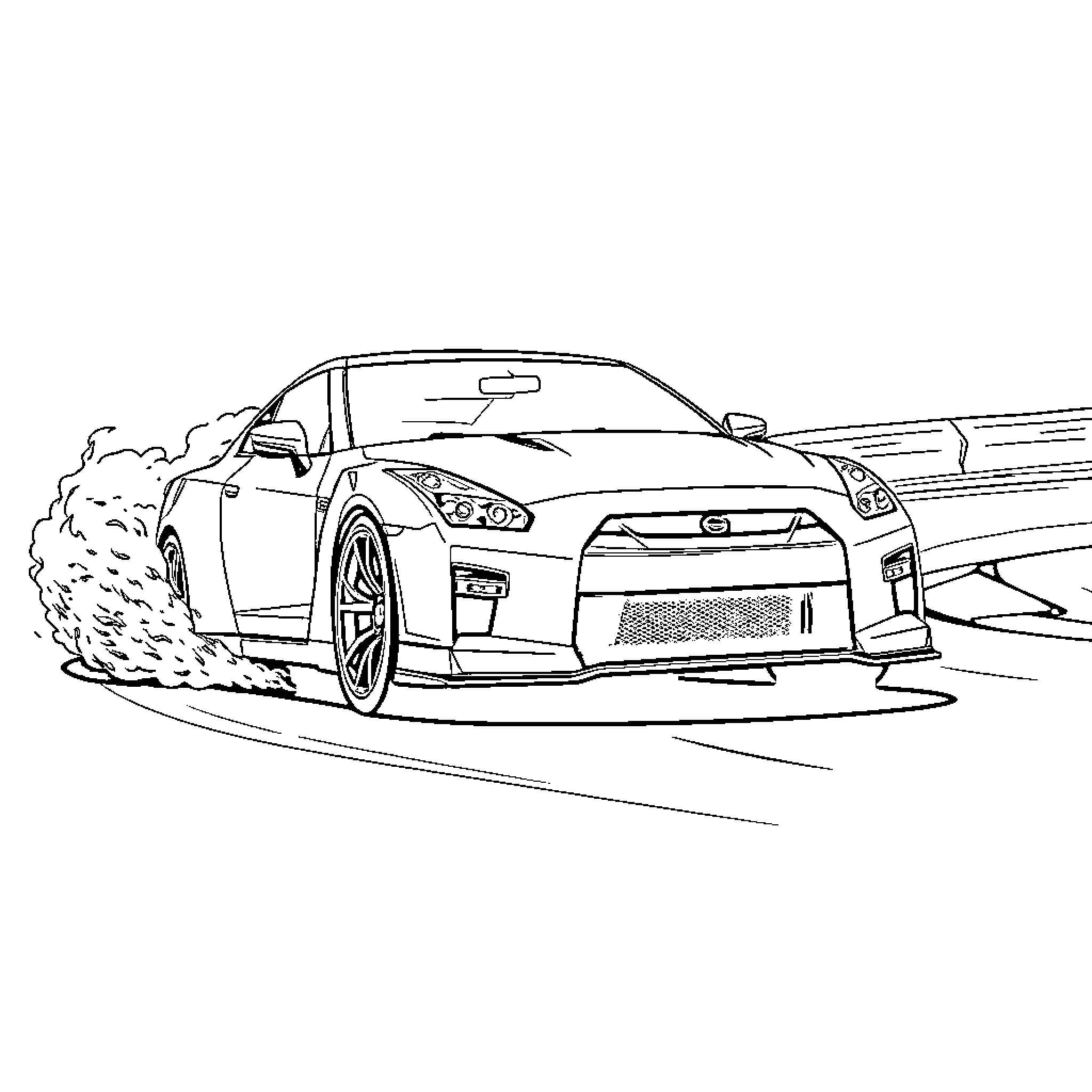 Nissan sports car racing on the road Coloring Page (free black-and-white line drawing printable PDF for all, from beginners to advanced learners, including children, teens, adults, and seniors)
