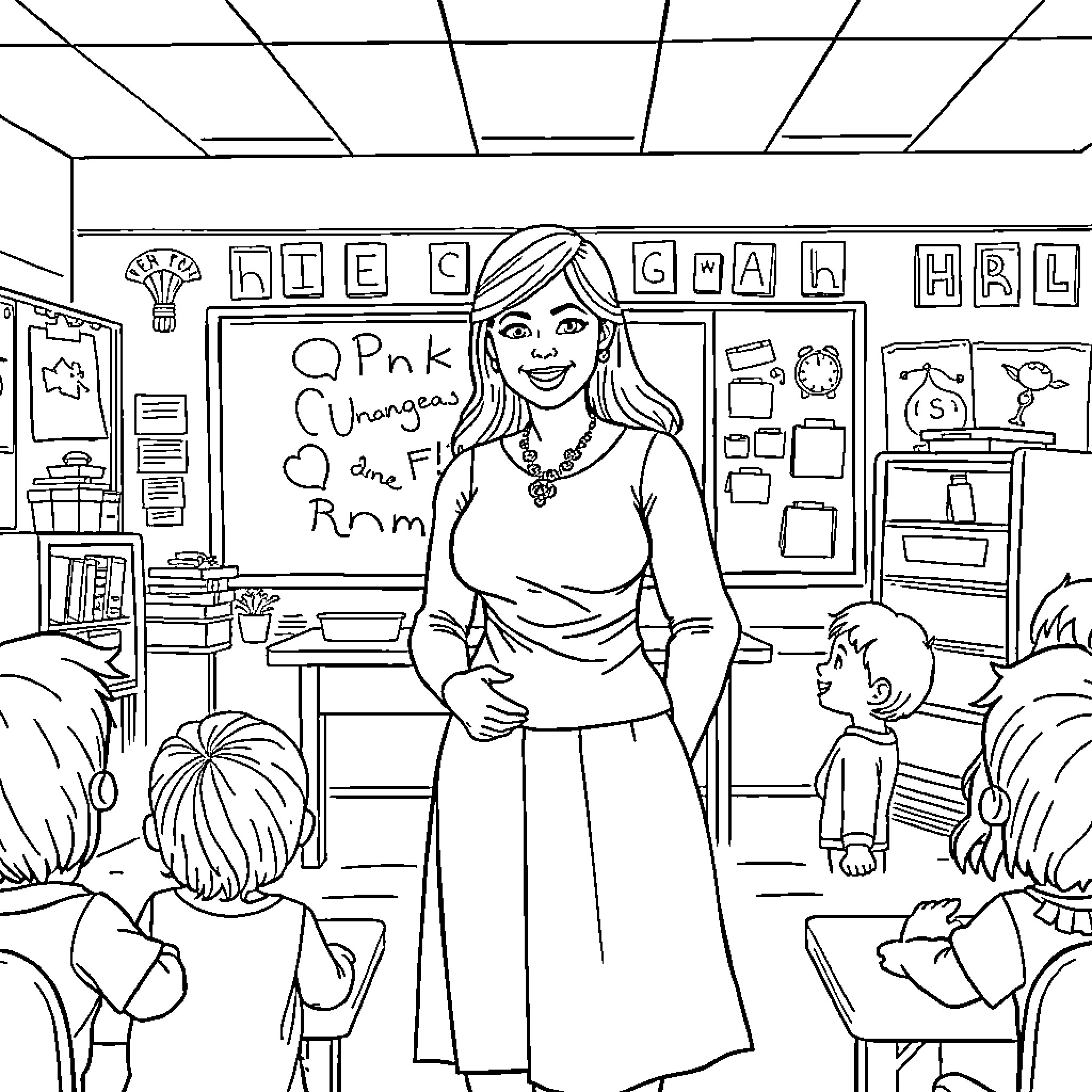 Miss Rachel Teaches in a Classroom Coloring Page (free black-and-white line drawing printable PDF for all, from beginners to advanced learners, including children, teens, adults, and seniors)