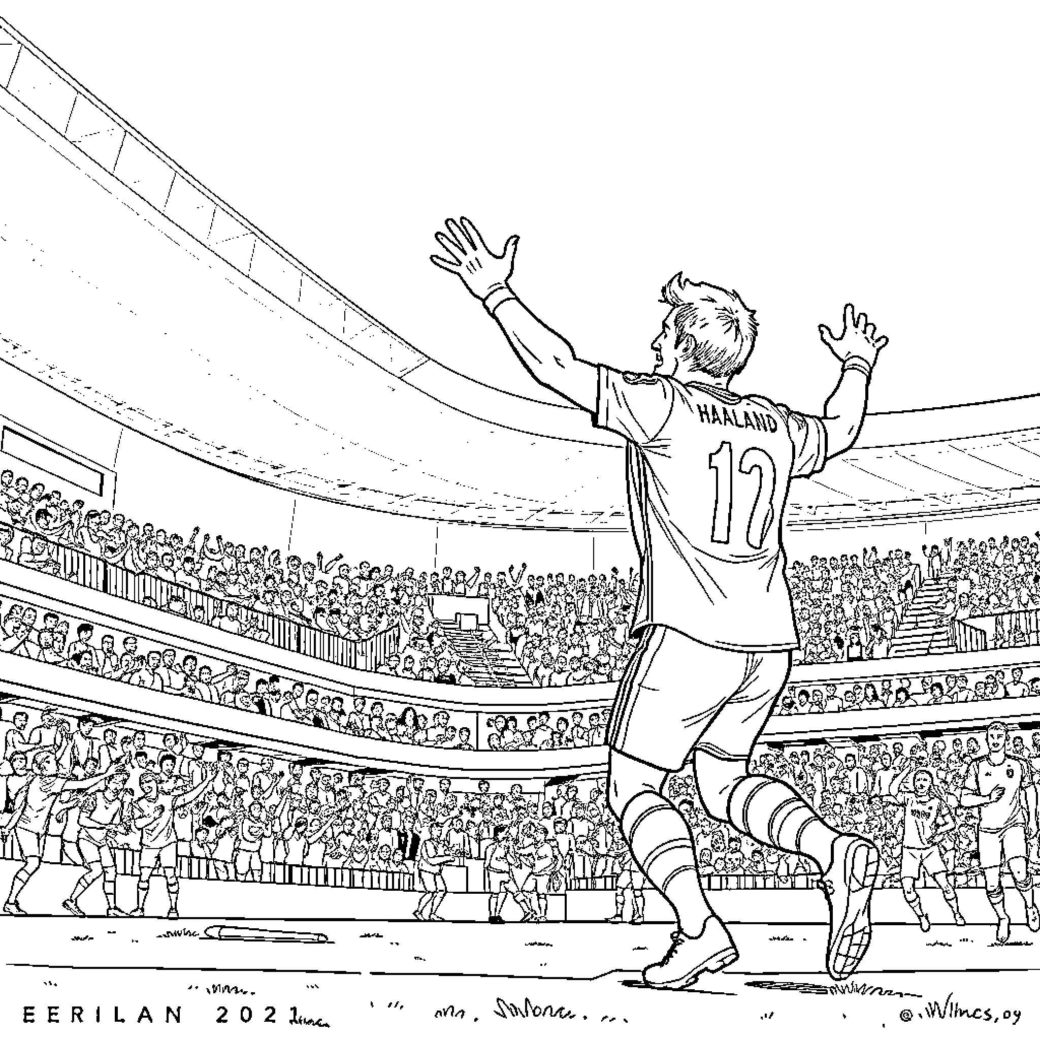 Erling Haaland celebrating victory on the pitch Coloring Page (free black-and-white line drawing printable PDF for all, from beginners to advanced learners, including children, teens, adults, and seniors)