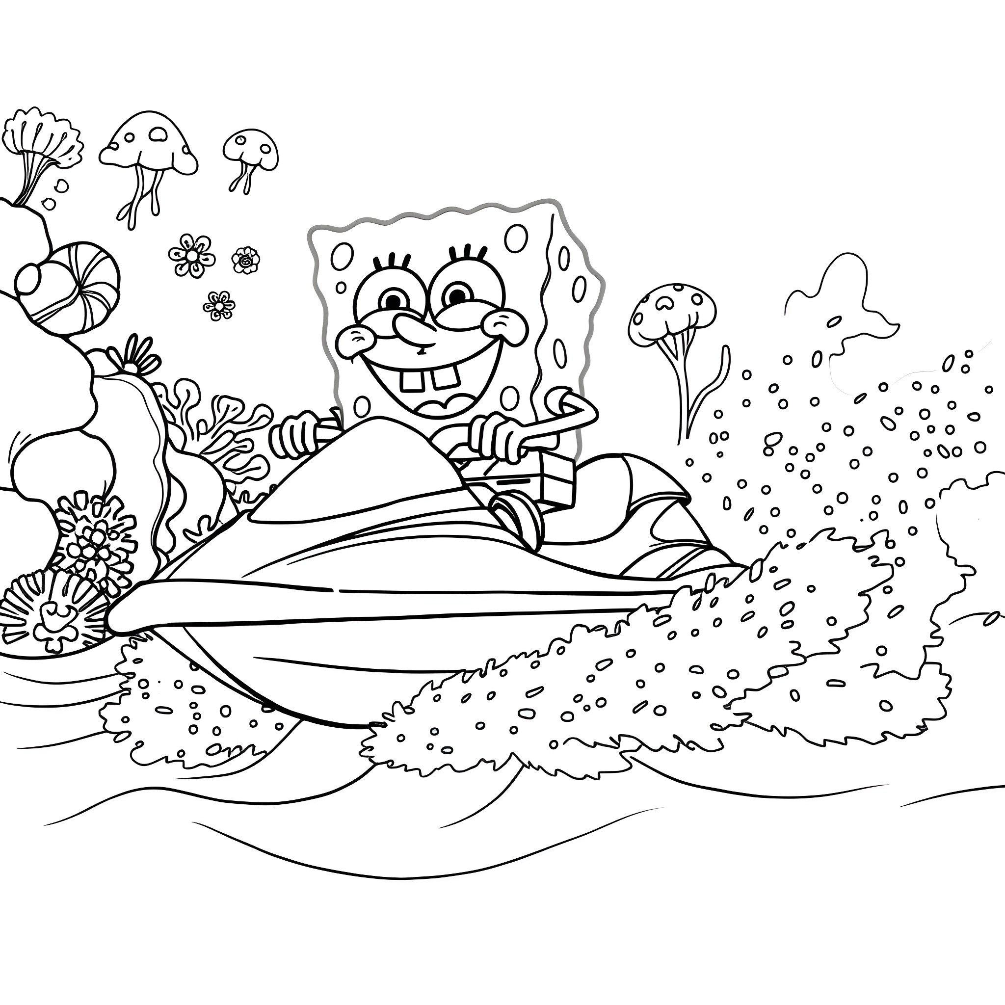 Spongebob enjoying an underwater adventure Coloring Page (free black-and-white line drawing printable PDF for all, from beginners to advanced learners, including children, teens, adults, and seniors)