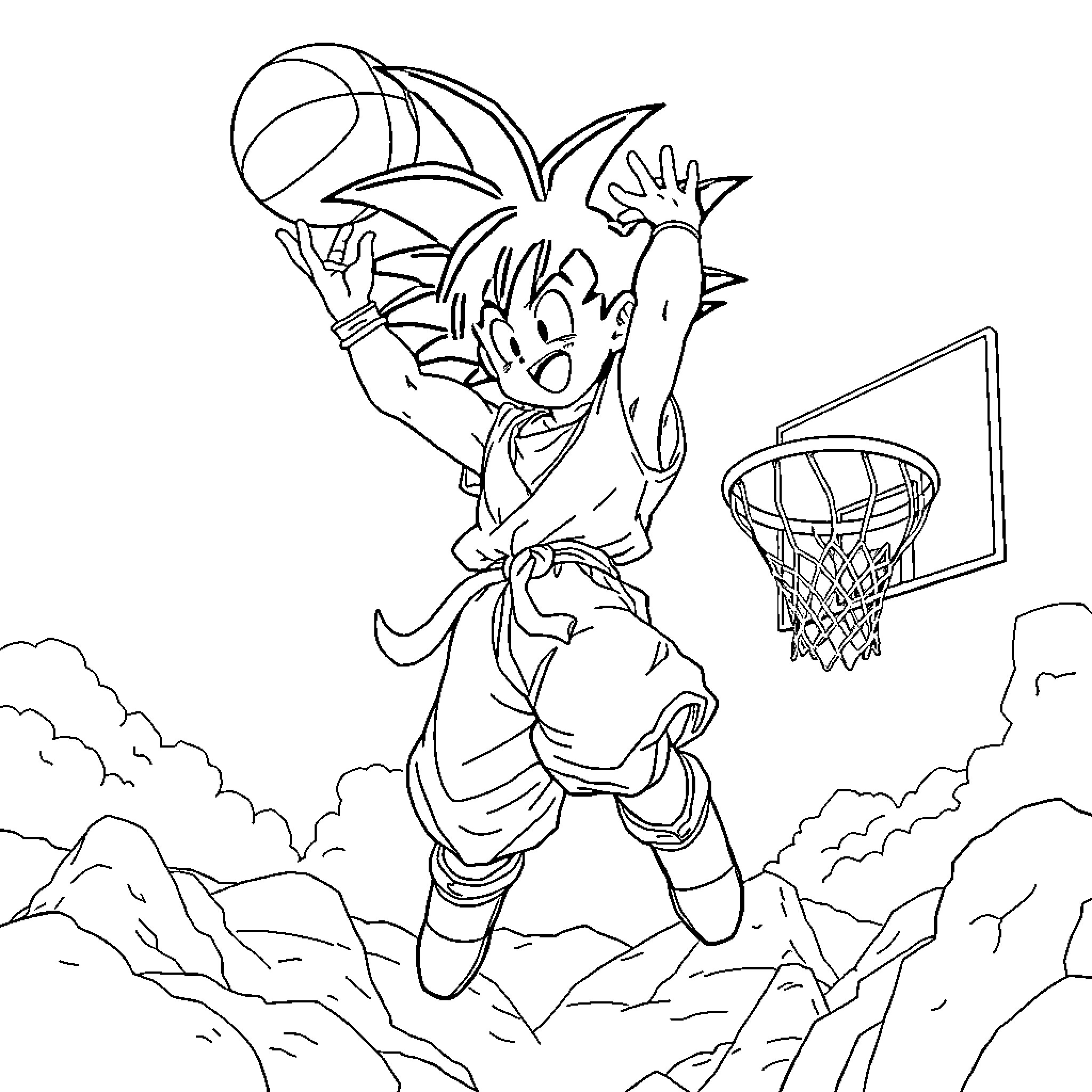 Goku Slam Dunking the Basketball Coloring Page (free black-and-white line drawing printable PDF for all, from beginners to advanced learners, including children, teens, adults, and seniors)