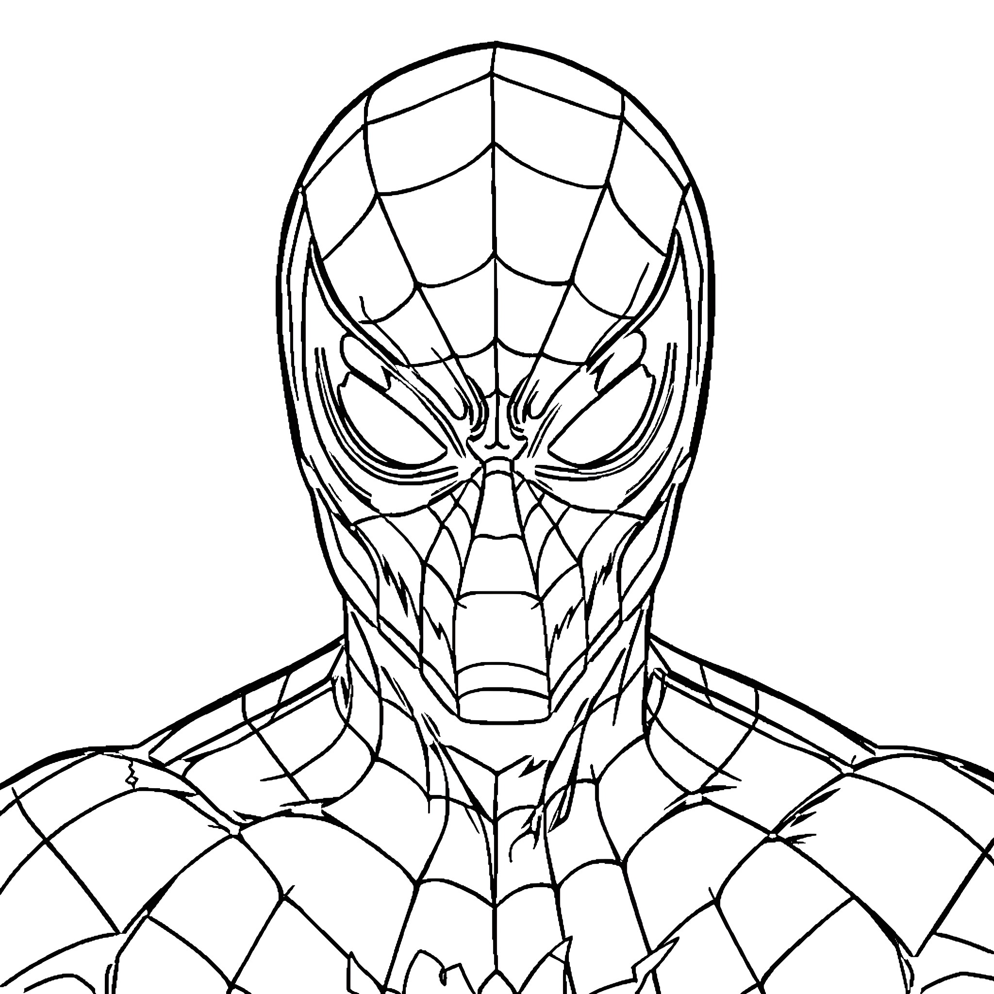 Spiderman's heroic portrait in bold lines Coloring Page (free black-and-white line drawing printable PDF for all, from beginners to advanced learners, including children, teens, adults, and seniors)