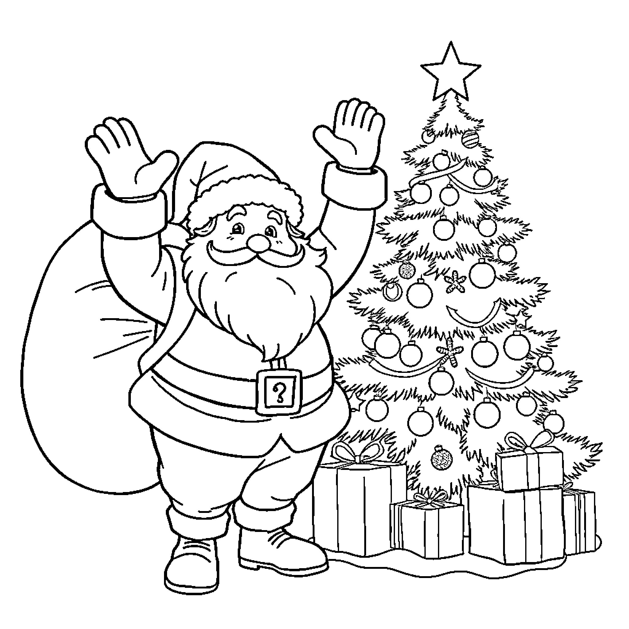 Santa waving happily beside decorated Christmas tree Coloring Page (free black-and-white line drawing printable PDF for all, from beginners to advanced learners, including children, teens, adults, and seniors)