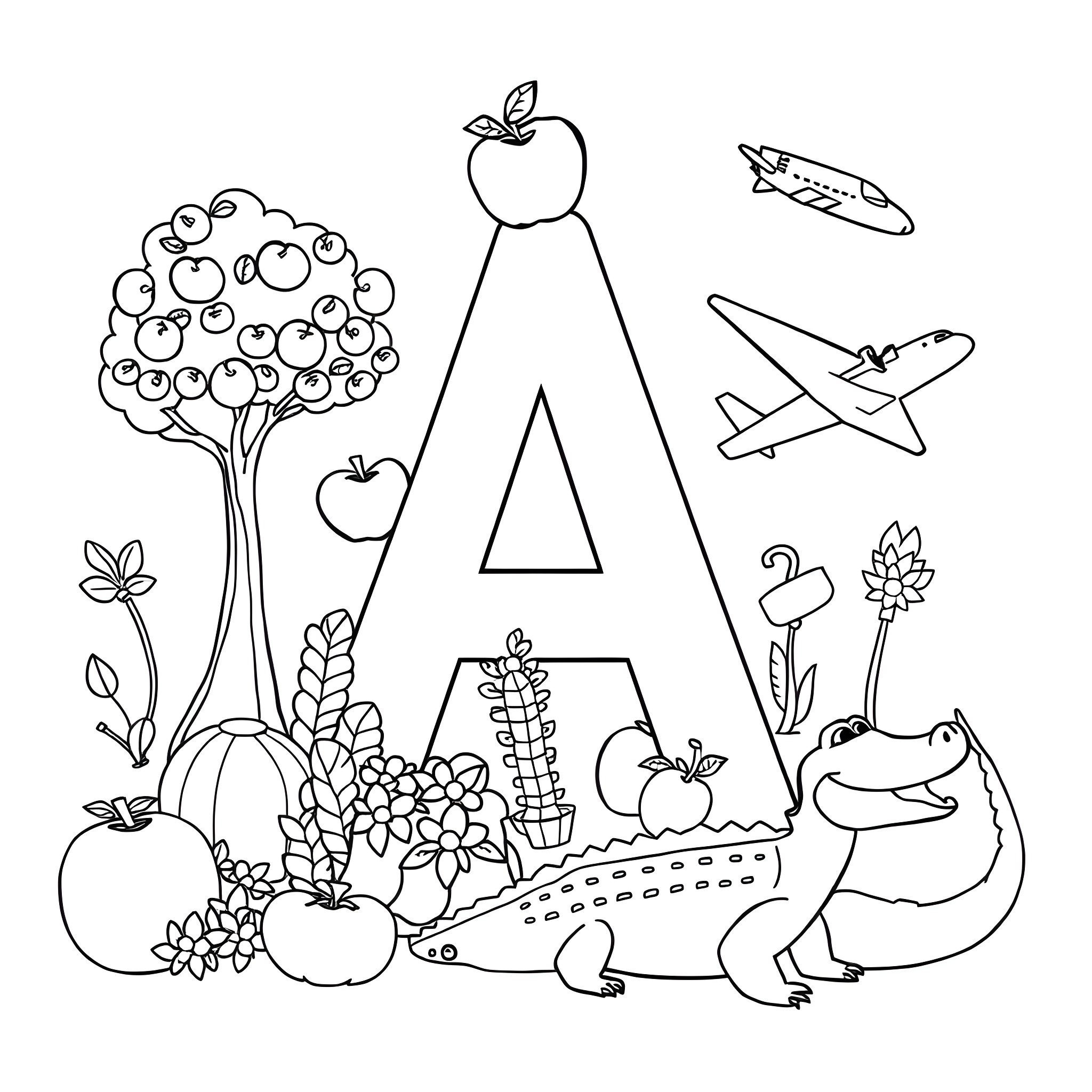 A Whimsical Nature Scene with Assorted Elements Coloring Page (free black-and-white line drawing printable PDF for all, from beginners to advanced learners, including children, teens, adults, and seniors)