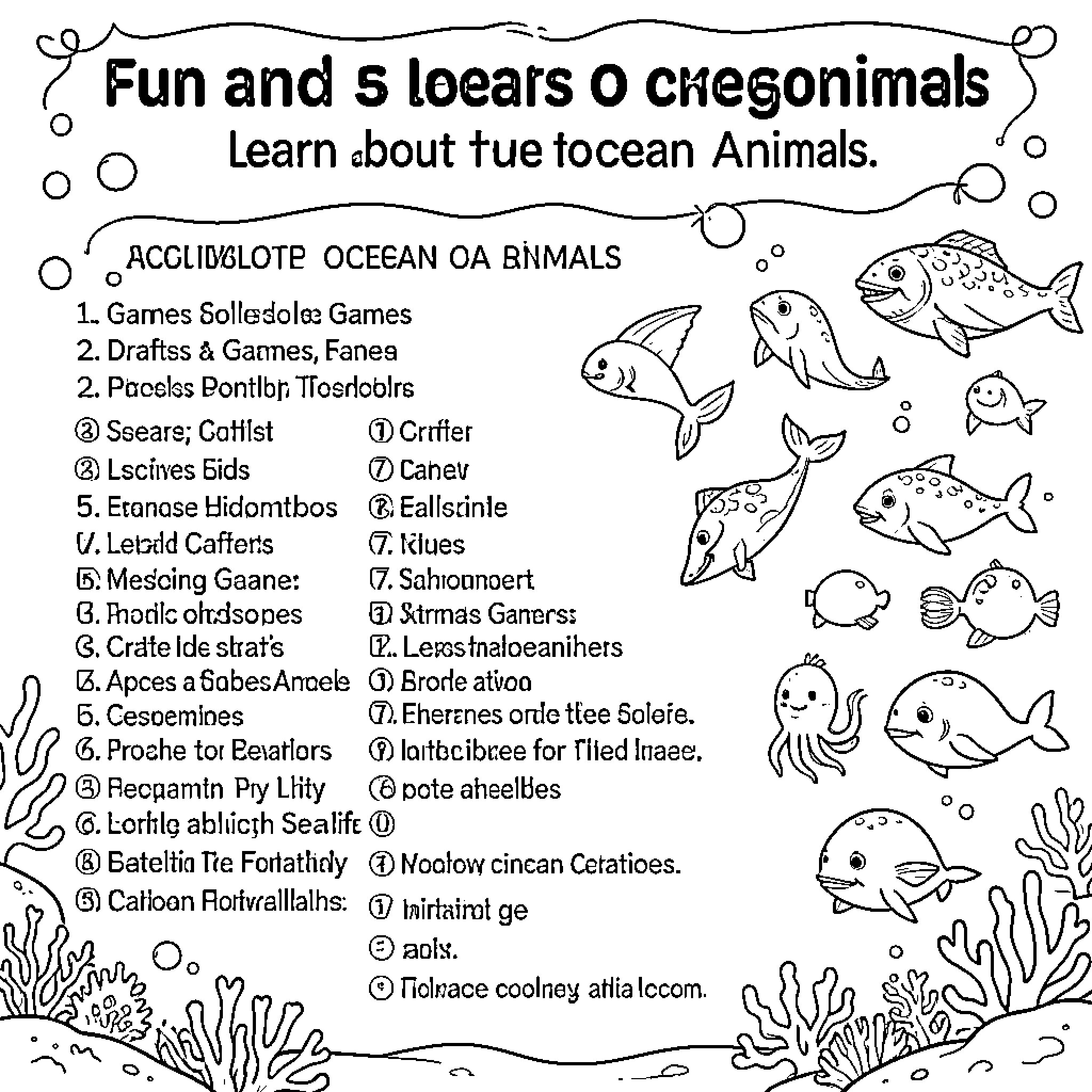 Ocean Animal characters swimming in the sea Coloring Page (free black-and-white line drawing printable PDF for all, from beginners to advanced learners, including children, teens, adults, and seniors)