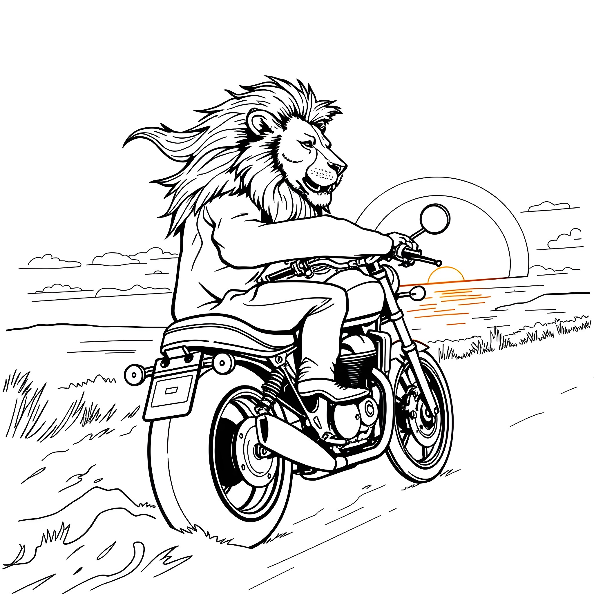 Lion riding motorcycle in the sunset Coloring Page (free black-and-white line drawing printable PDF for all, from beginners to advanced learners, including children, teens, adults, and seniors)