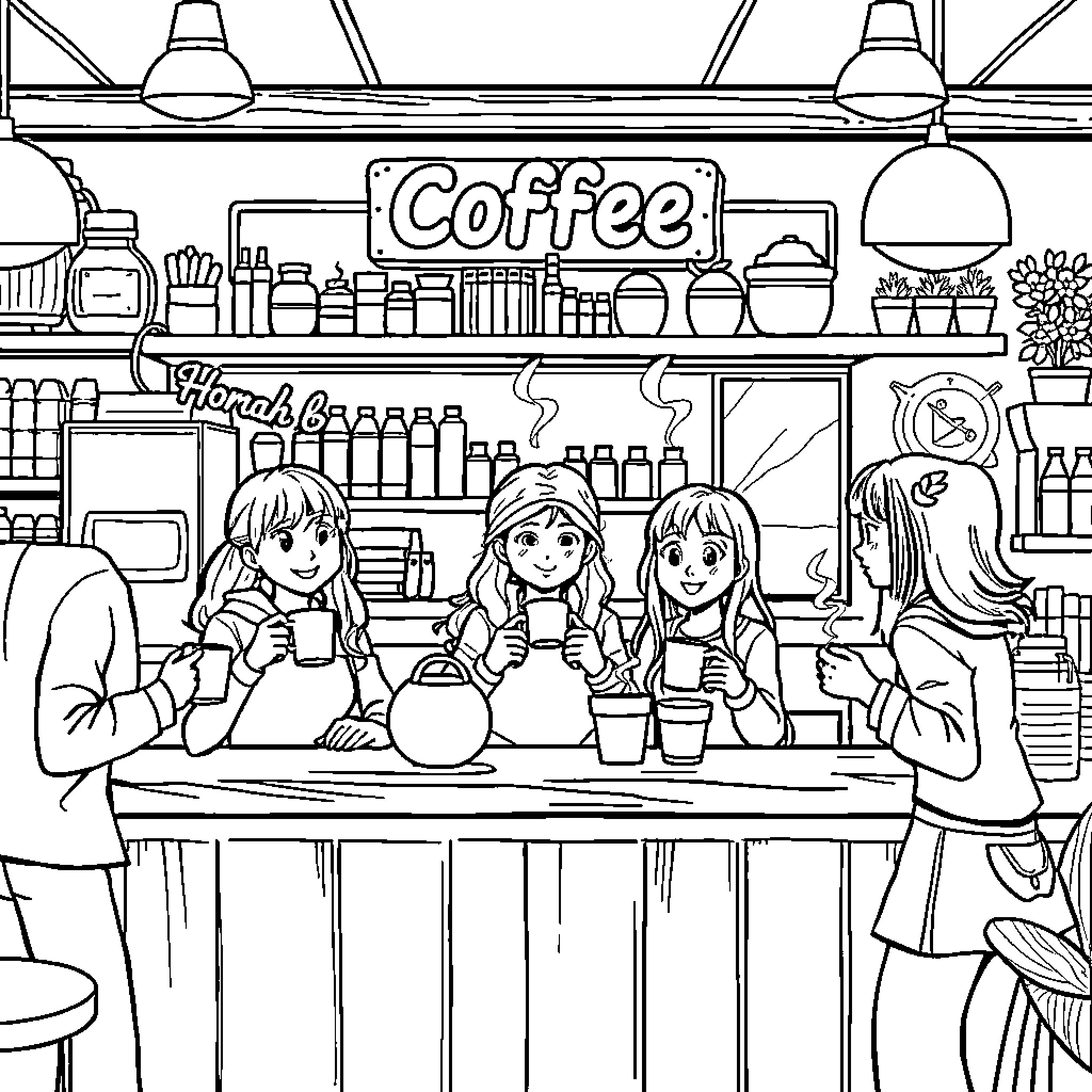 Students Enjoying Coffee in Cozy Cafe Coloring Page (free black-and-white line drawing printable PDF for all, from beginners to advanced learners, including children, teens, adults, and seniors)