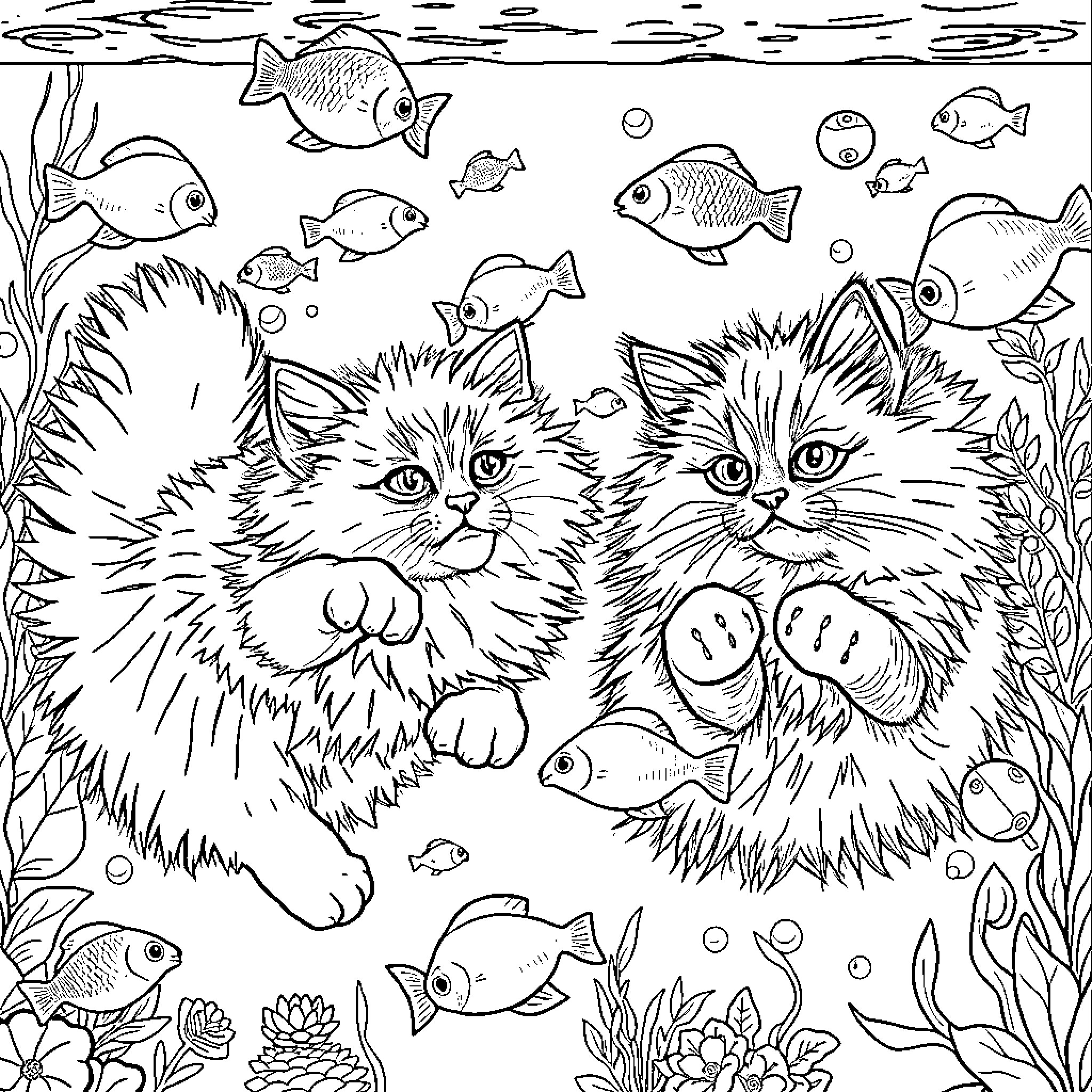 Ragdoll Cats exploring underwater world Coloring Page (free black-and-white line drawing printable PDF for all, from beginners to advanced learners, including children, teens, adults, and seniors)
