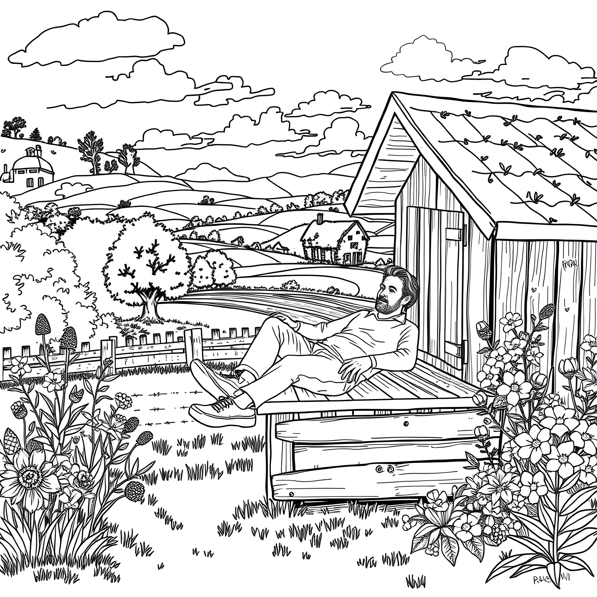 Ruud Gullit relaxing in a pastoral countryside scene Coloring Page (free black-and-white line drawing printable PDF for all, from beginners to advanced learners, including children, teens, adults, and seniors)