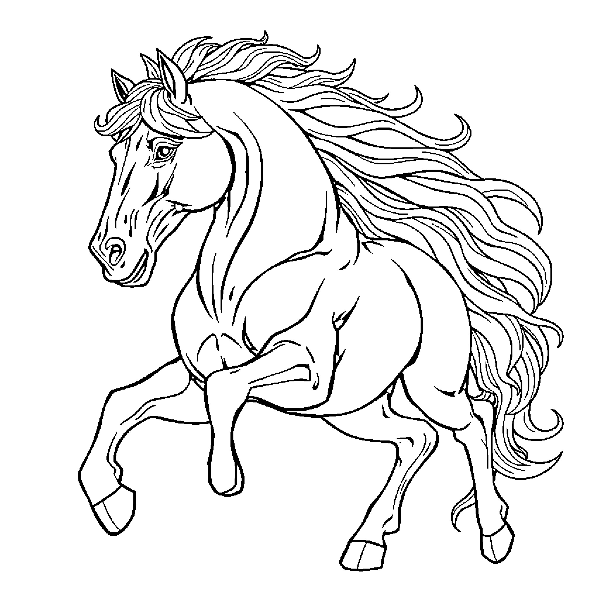 Horse galloping with flowing mane Coloring Page (free black-and-white line drawing printable PDF for all, from beginners to advanced learners, including children, teens, adults, and seniors)