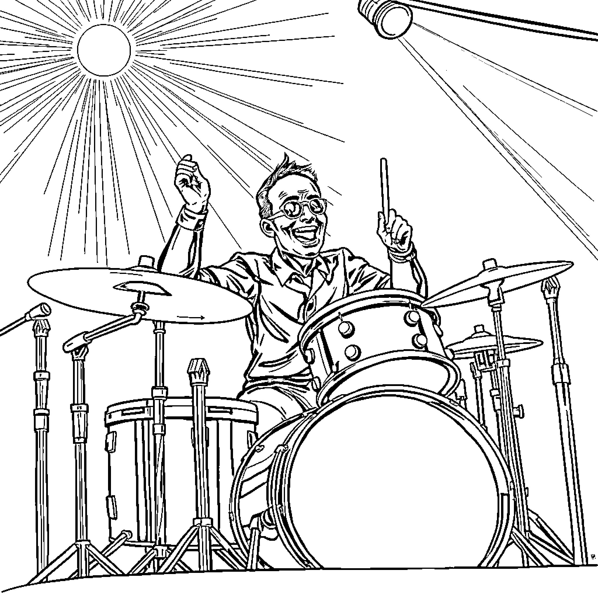 Tin Man Joyfully Playing Drums Under Sunrays Coloring Page (free black-and-white line drawing printable PDF for all, from beginners to advanced learners, including children, teens, adults, and seniors)