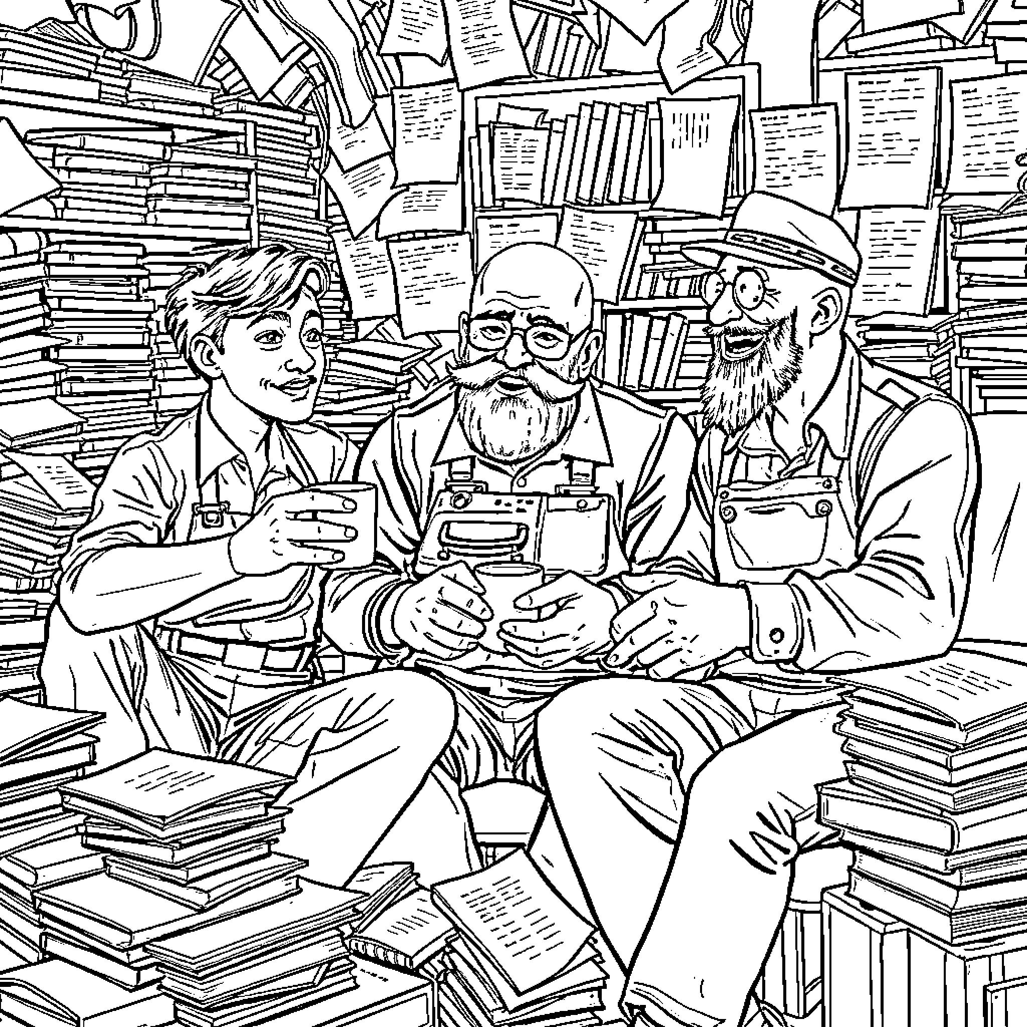 Man enjoying books and discussion with friends in library Coloring Page (free black-and-white line drawing printable PDF for all, from beginners to advanced learners, including children, teens, adults, and seniors)