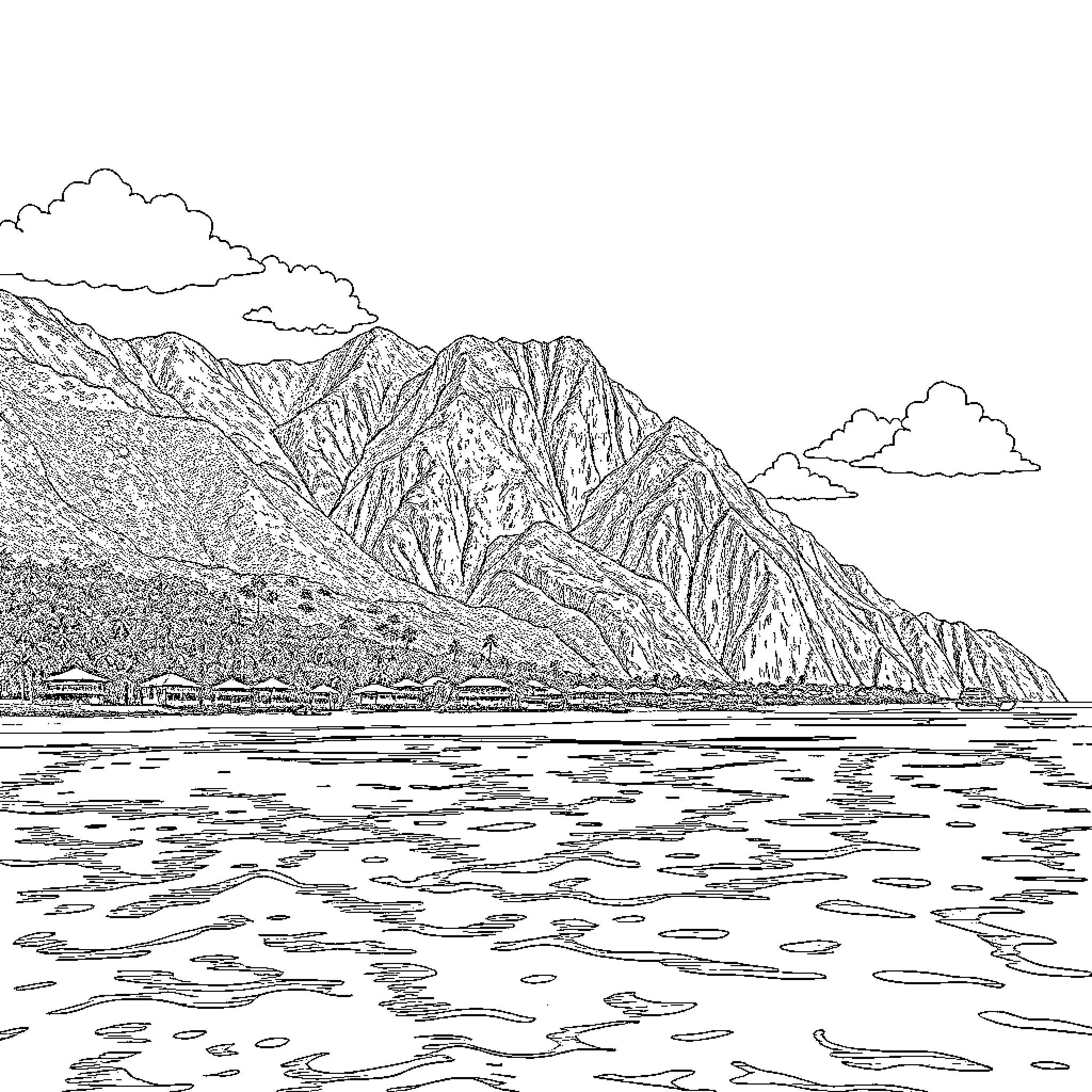 Subic Bay coastal landscape with mountainous horizon Coloring Page (free black-and-white line drawing printable PDF for all, from beginners to advanced learners, including children, teens, adults, and seniors)