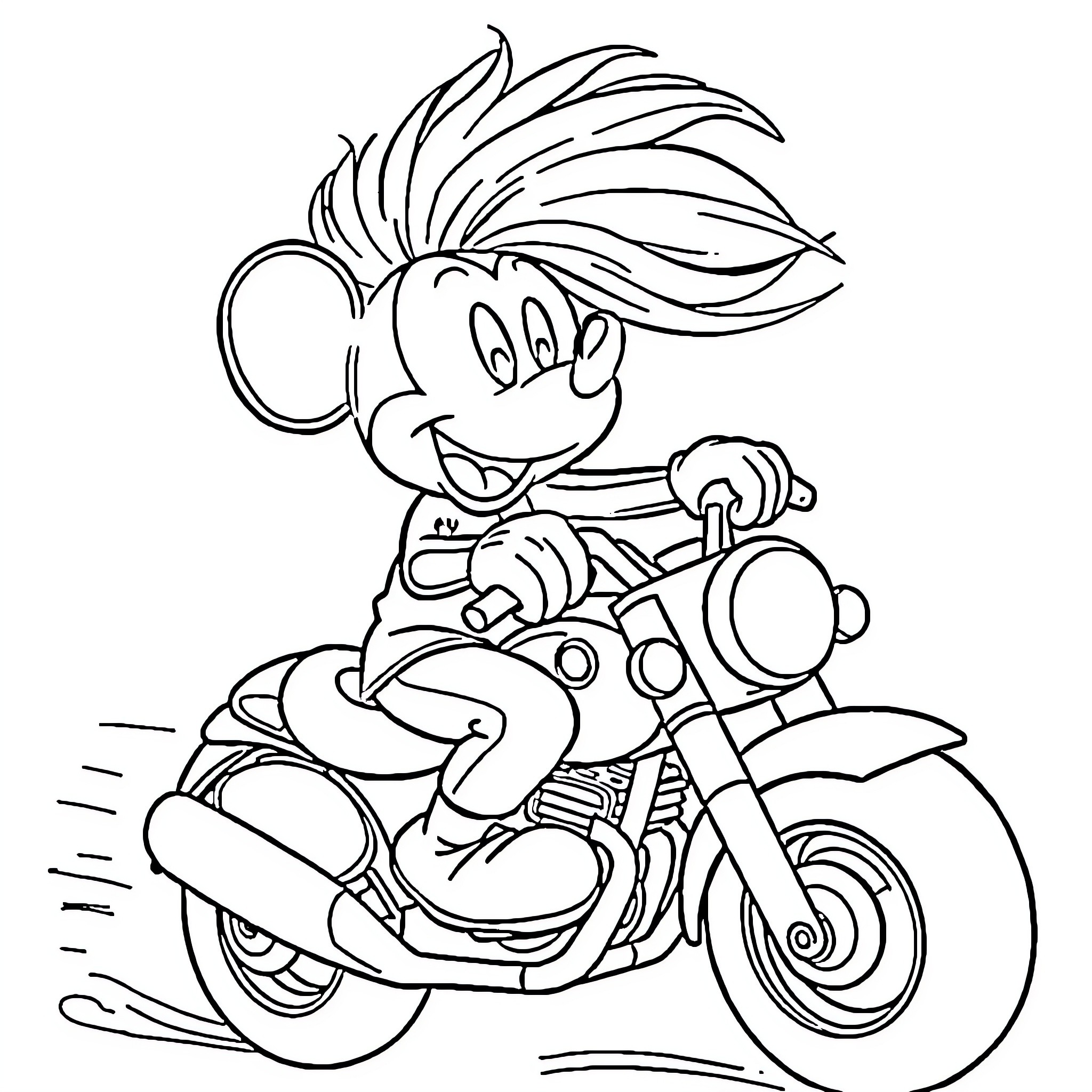 Mickey Mouse riding a motorcycle with a happy expression Coloring Page (free black-and-white line drawing printable PDF for all, from beginners to advanced learners, including children, teens, adults, and seniors)