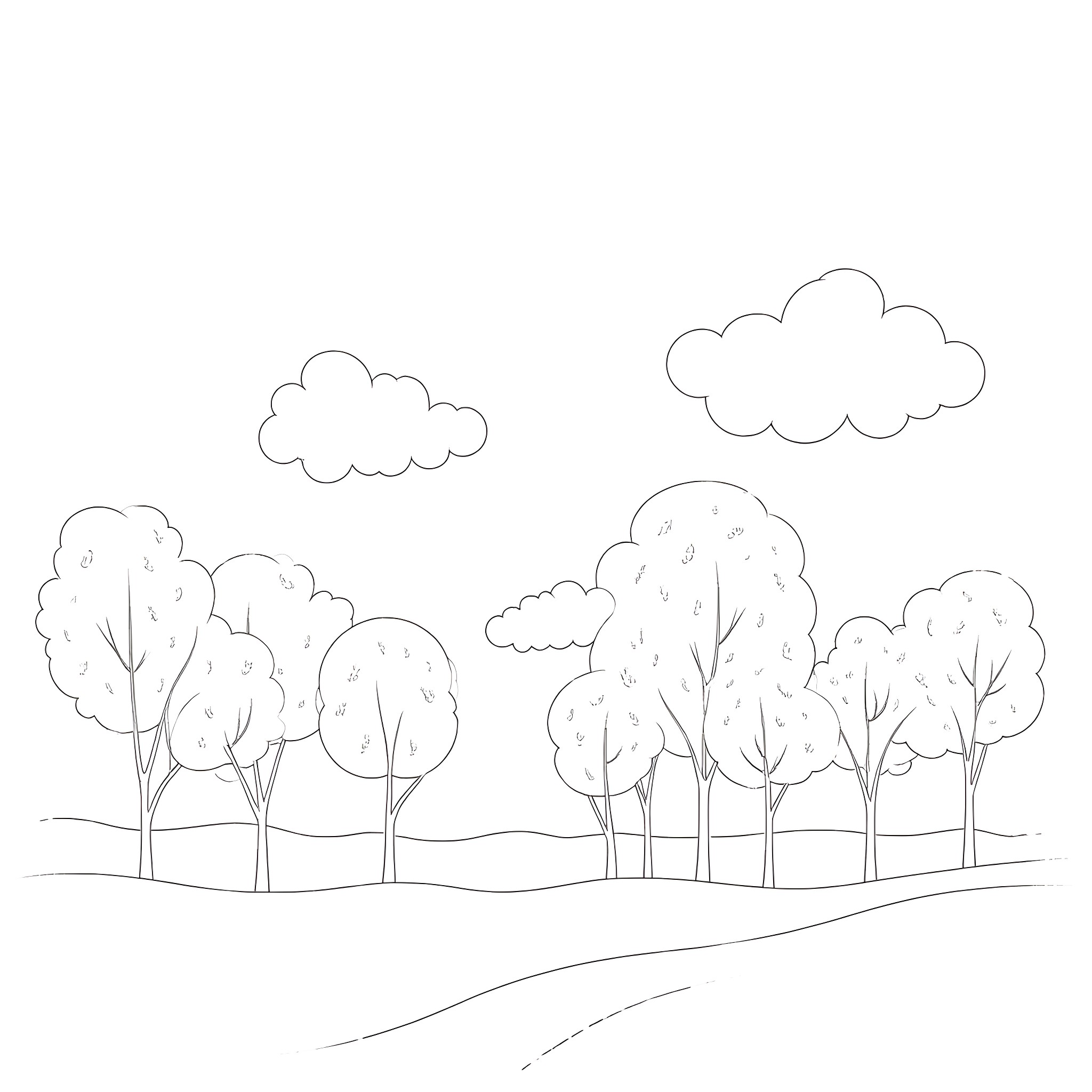 Sky scene with trees and clouds Coloring Page (free black-and-white line drawing printable PDF for all, from beginners to advanced learners, including children, teens, adults, and seniors)