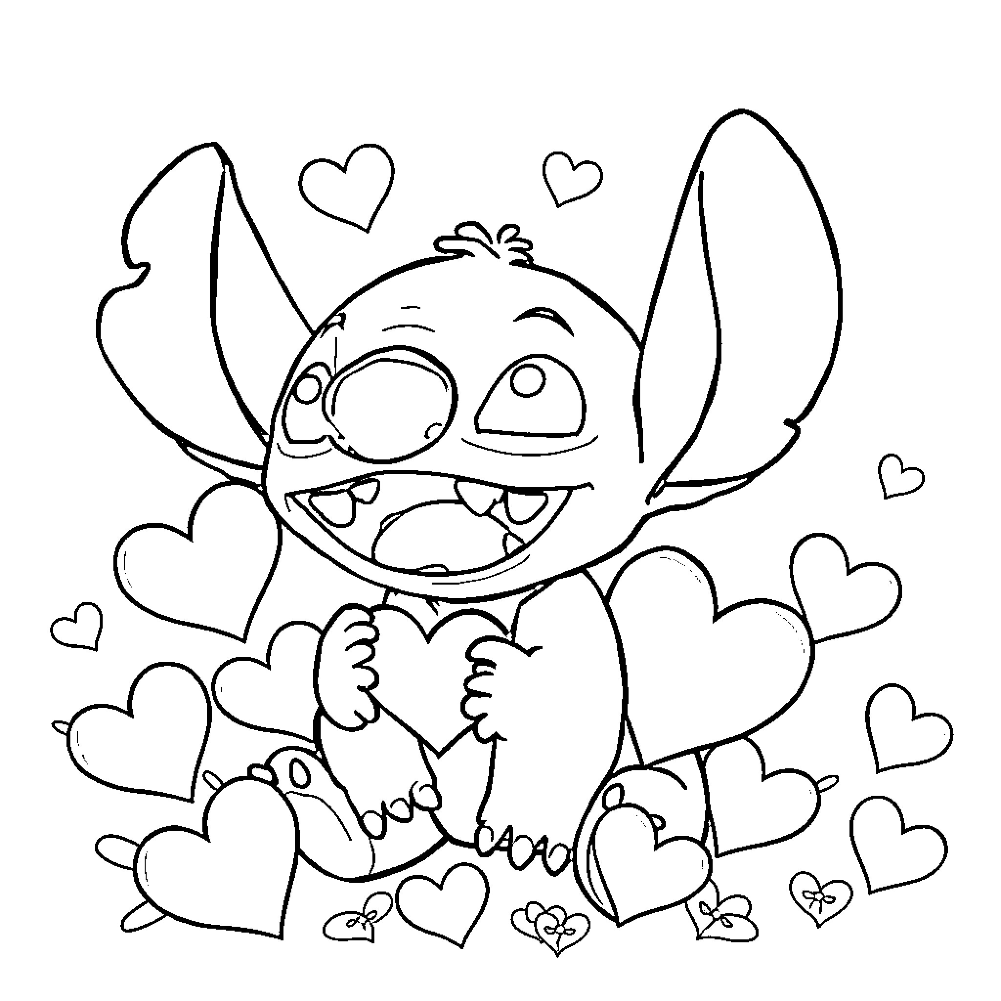 Stitch expressing love with hearts Coloring Page (free black-and-white line drawing printable PDF for all, from beginners to advanced learners, including children, teens, adults, and seniors)