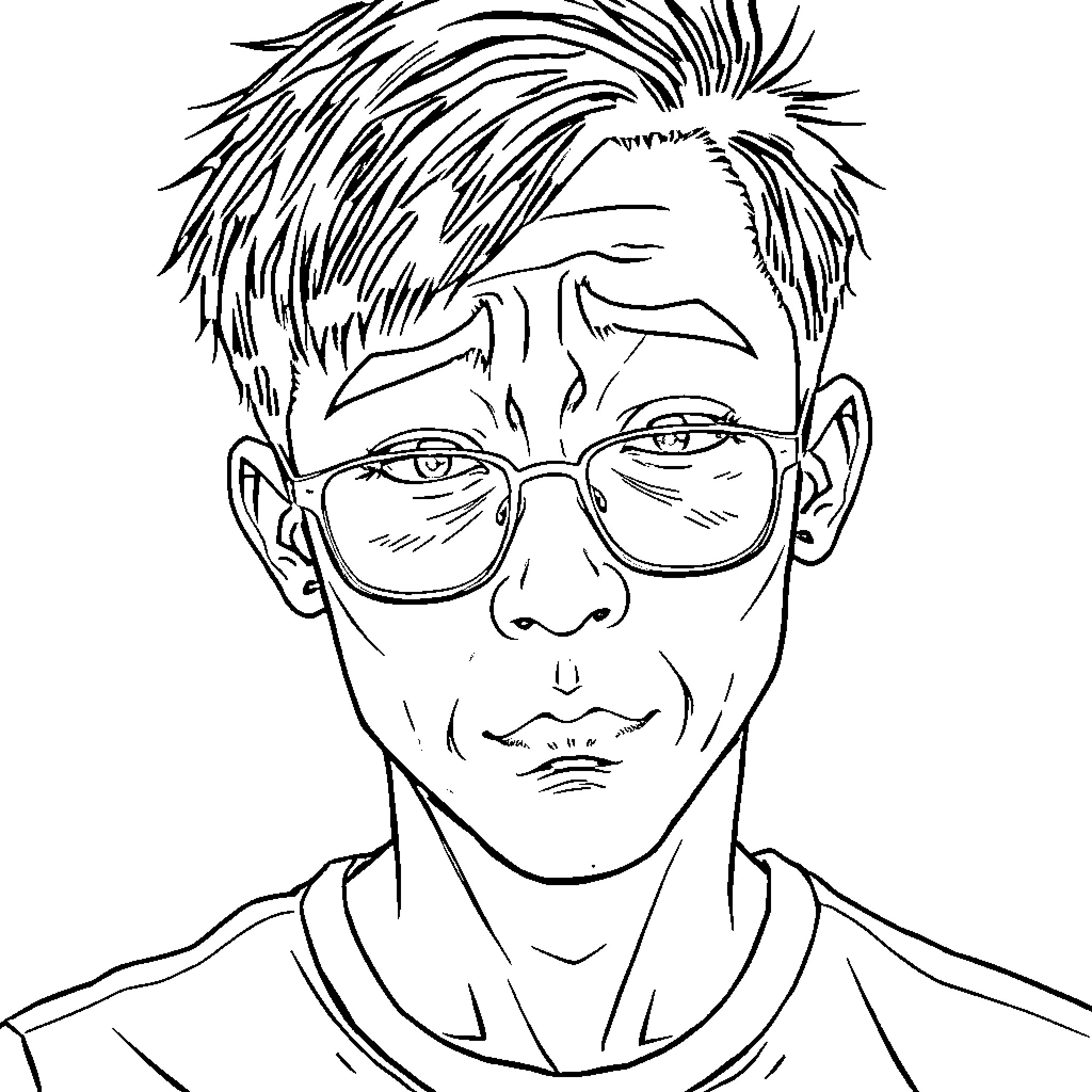Man with glasses and concerned expression Coloring Page (free black-and-white line drawing printable PDF for all, from beginners to advanced learners, including children, teens, adults, and seniors)