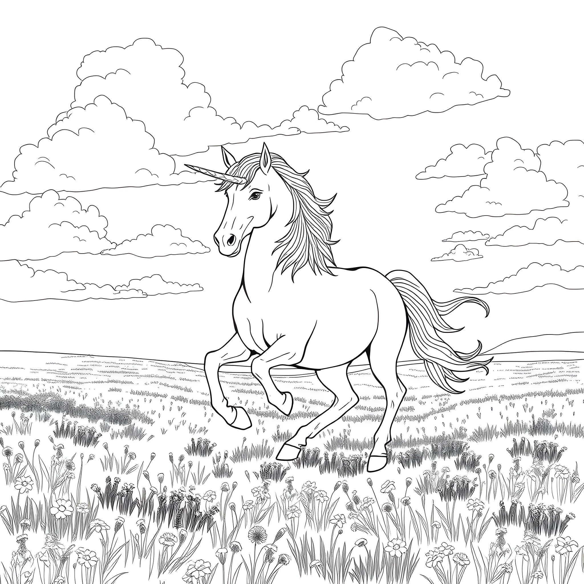 Centaur galloping through enchanted meadow Coloring Page (free black-and-white line drawing printable PDF for all, from beginners to advanced learners, including children, teens, adults, and seniors)