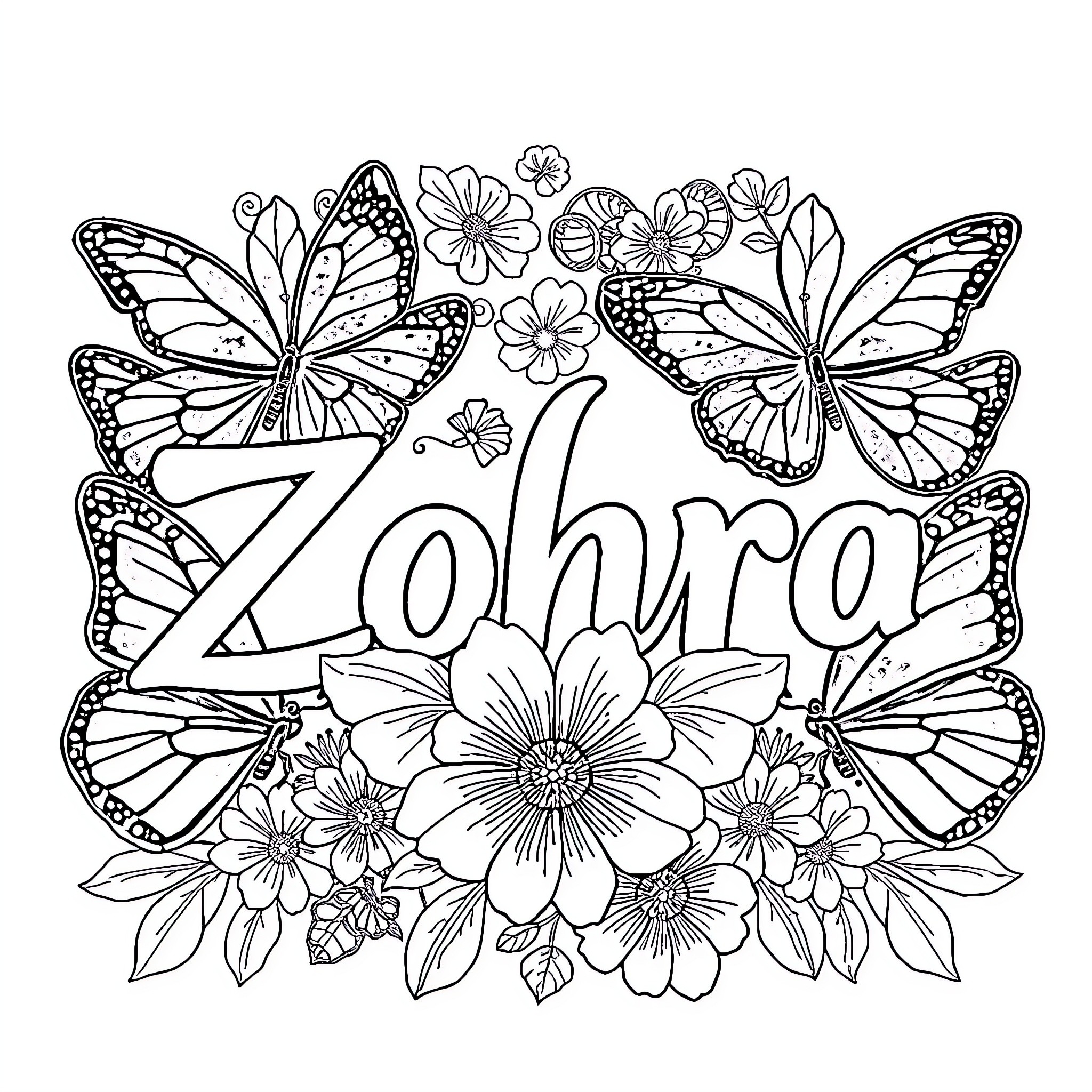Zohra's Enchanting Butterfly Garden Coloring Page (free black-and-white line drawing printable PDF for all, from beginners to advanced learners, including children, teens, adults, and seniors)