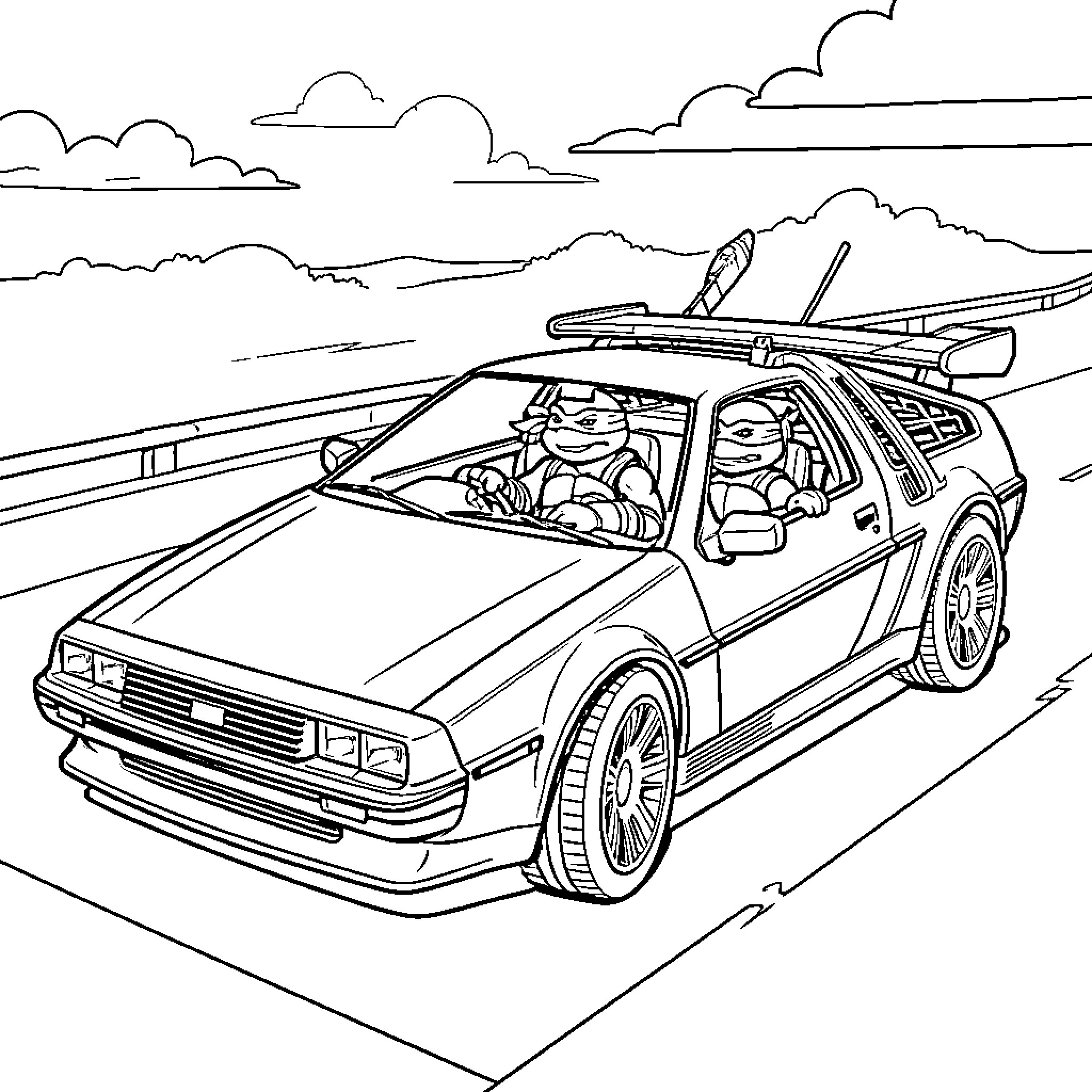 Ninja Turtle driving futuristic vehicle on the road Coloring Page (free black-and-white line drawing printable PDF for all, from beginners to advanced learners, including children, teens, adults, and seniors)