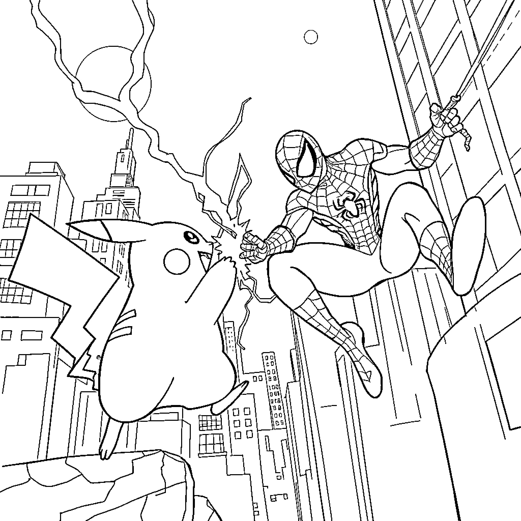 Pikachu and Spider-Man saving the city Coloring Page (free black-and-white line drawing printable PDF for all, from beginners to advanced learners, including children, teens, adults, and seniors)