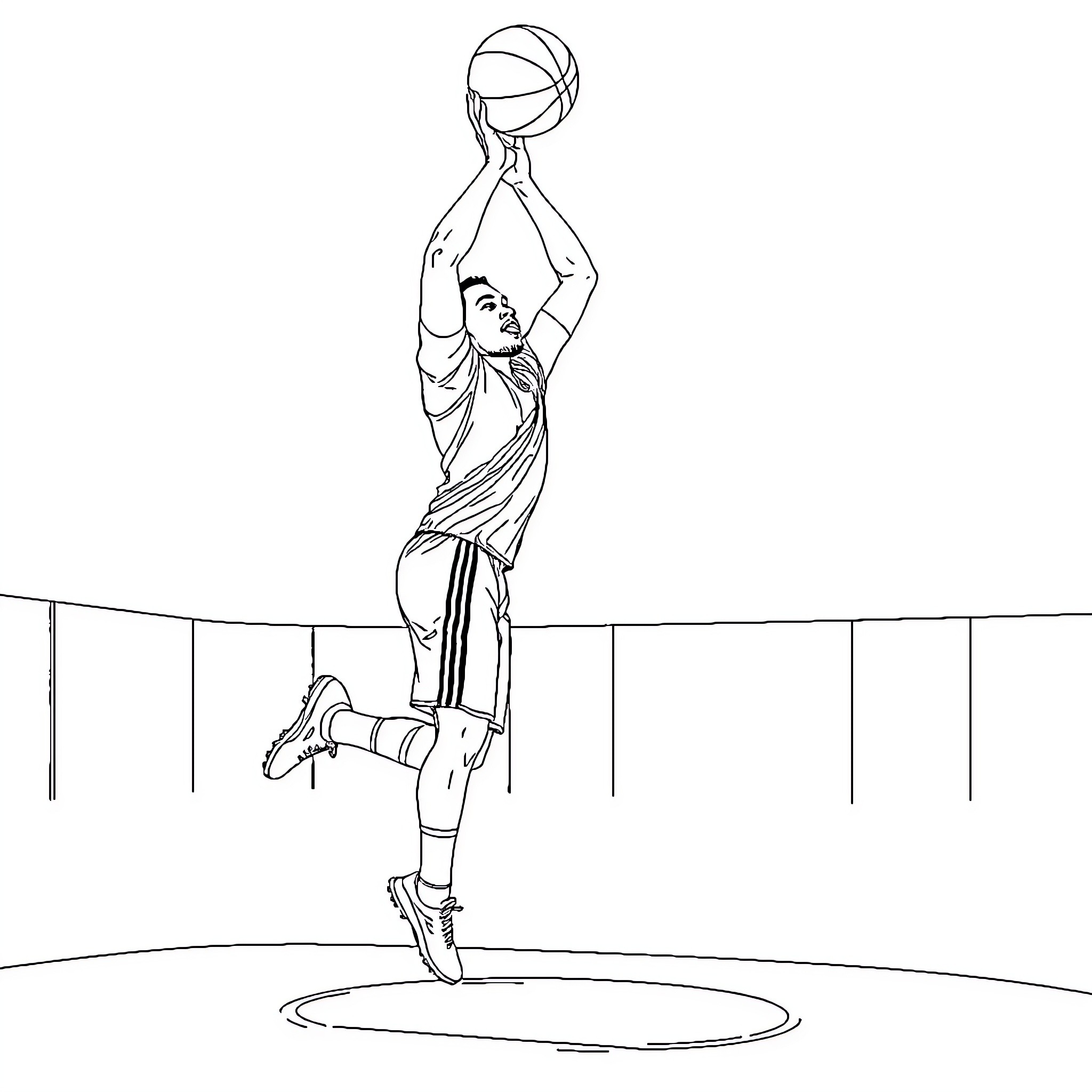 Kylian Mbappe playing basketball on court Coloring Page (free black-and-white line drawing printable PDF for all, from beginners to advanced learners, including children, teens, adults, and seniors)