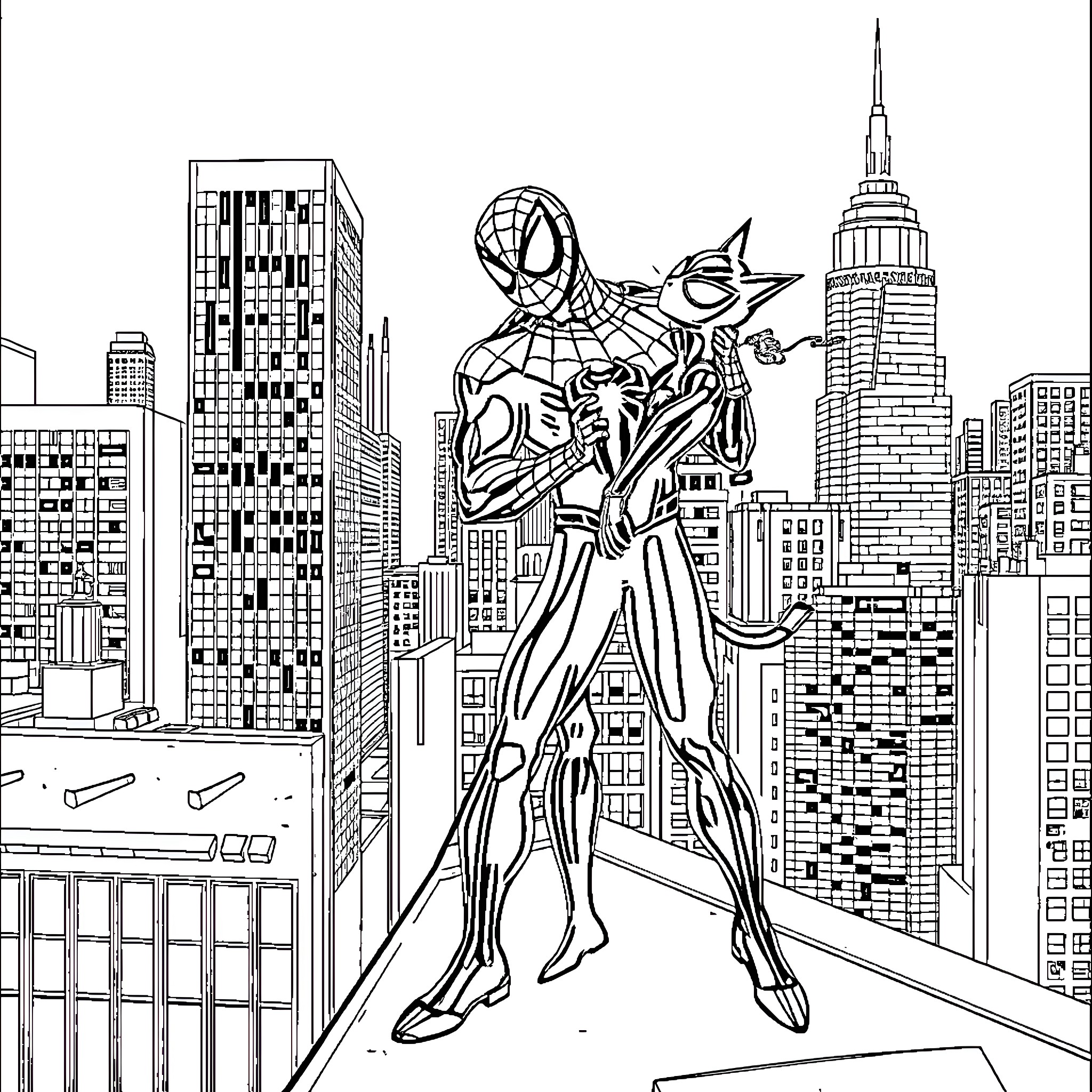 Spider-Man swinging through the cityscape Coloring Page (free black-and-white line drawing printable PDF for all, from beginners to advanced learners, including children, teens, adults, and seniors)