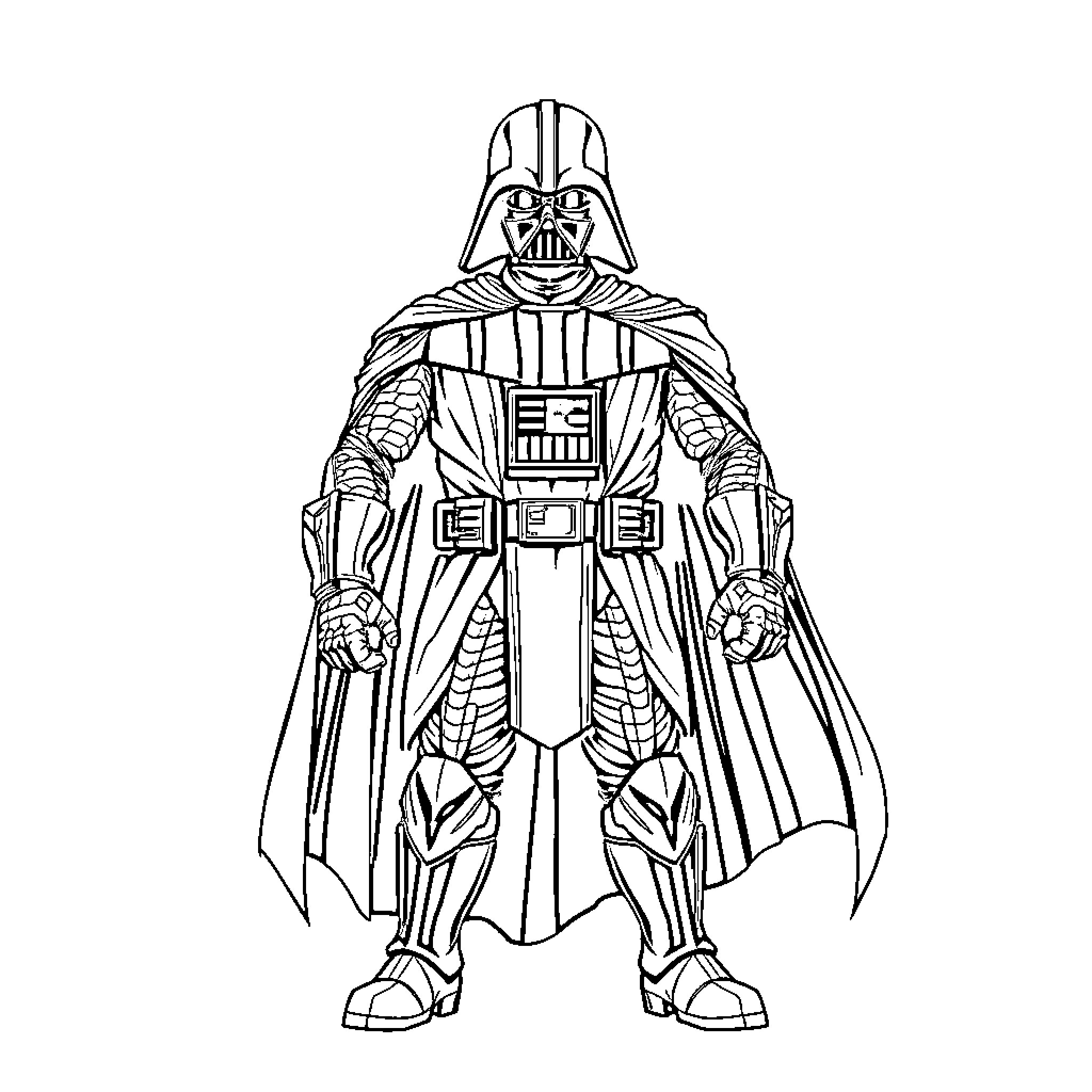Earth Vader's Iconic Galactic Attire and Posture Coloring Page (free black-and-white line drawing printable PDF for all, from beginners to advanced learners, including children, teens, adults, and seniors)