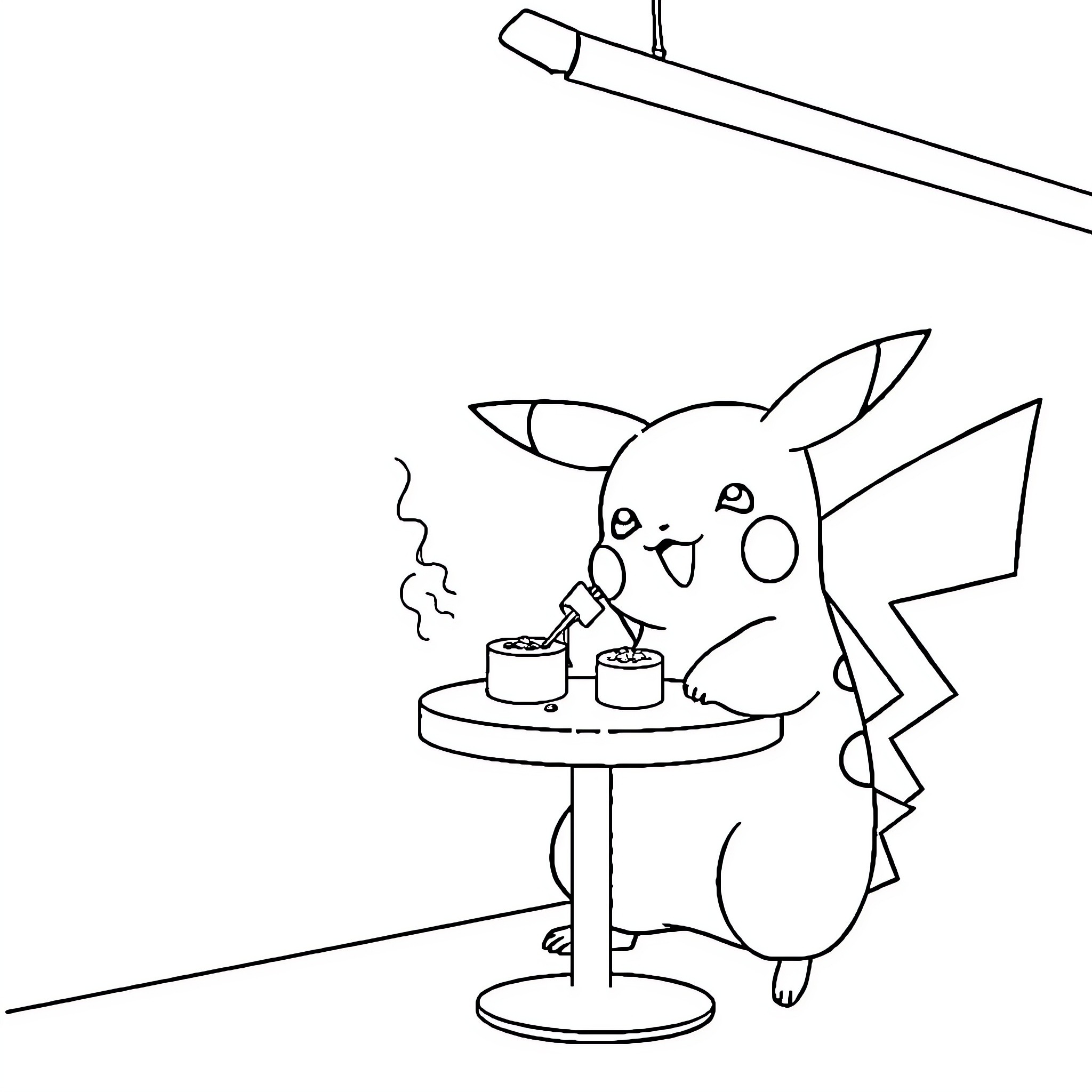 Pikachu enjoying a hot drink at the cafe Coloring Page (free black-and-white line drawing printable PDF for all, from beginners to advanced learners, including children, teens, adults, and seniors)