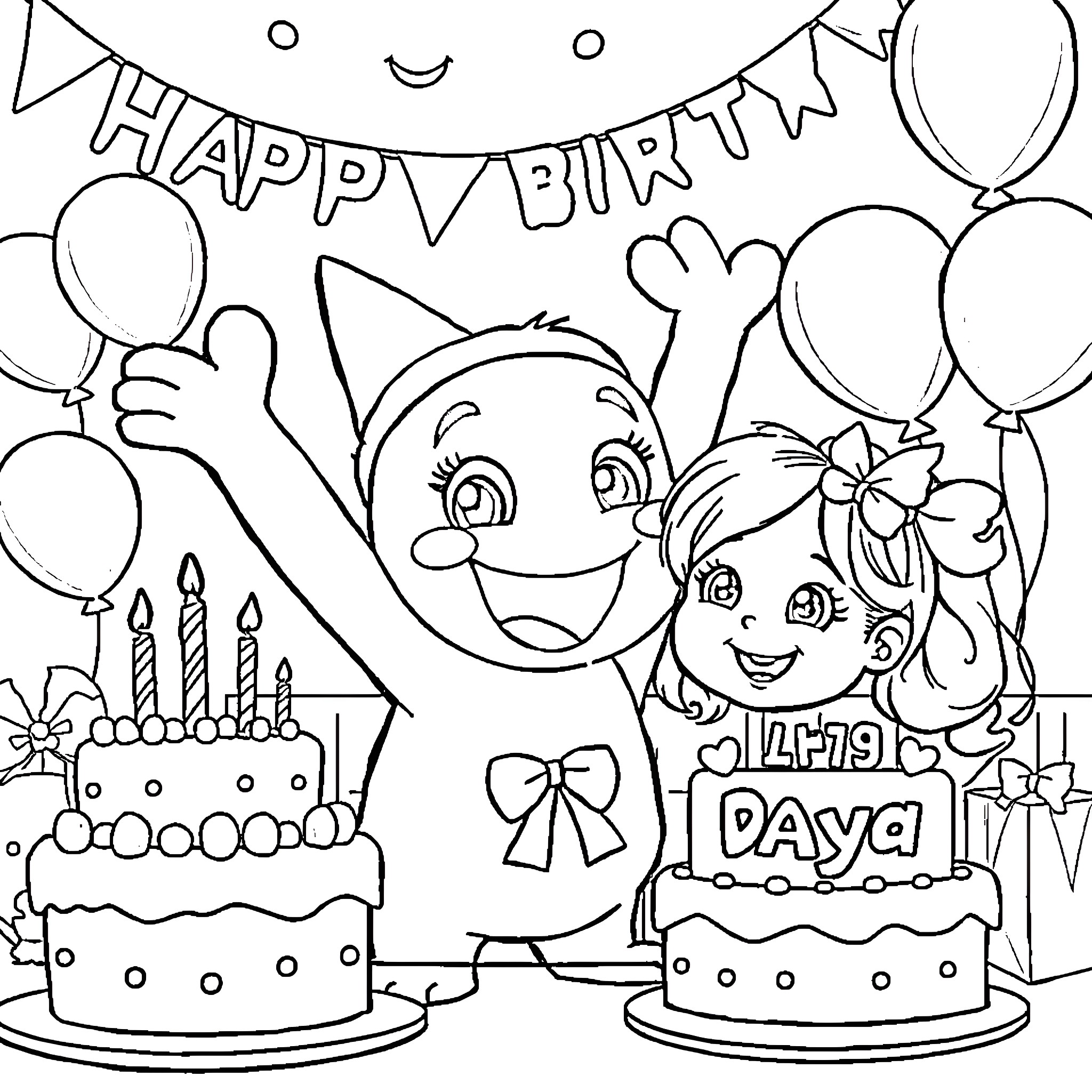 Bluey's Happy Birthday Party with Cakes and Balloons Coloring Page (free black-and-white line drawing printable PDF for all, from beginners to advanced learners, including children, teens, adults, and seniors)
