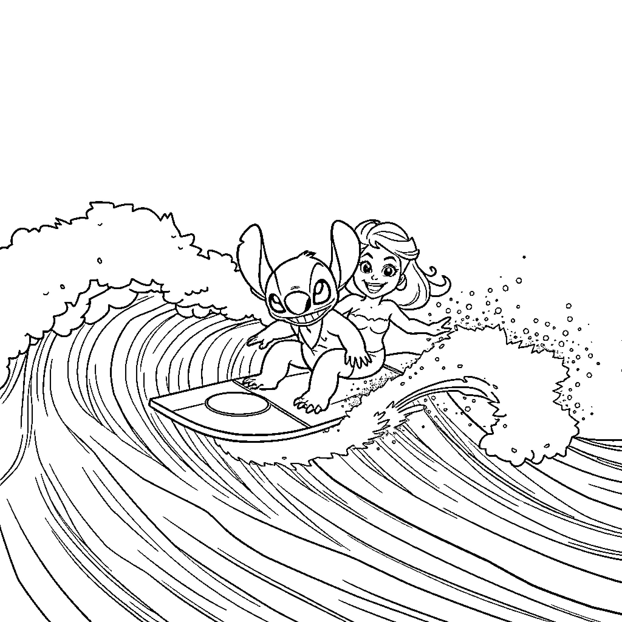 Stitch riding a wave with fairy Coloring Page (free black-and-white line drawing printable PDF for all, from beginners to advanced learners, including children, teens, adults, and seniors)