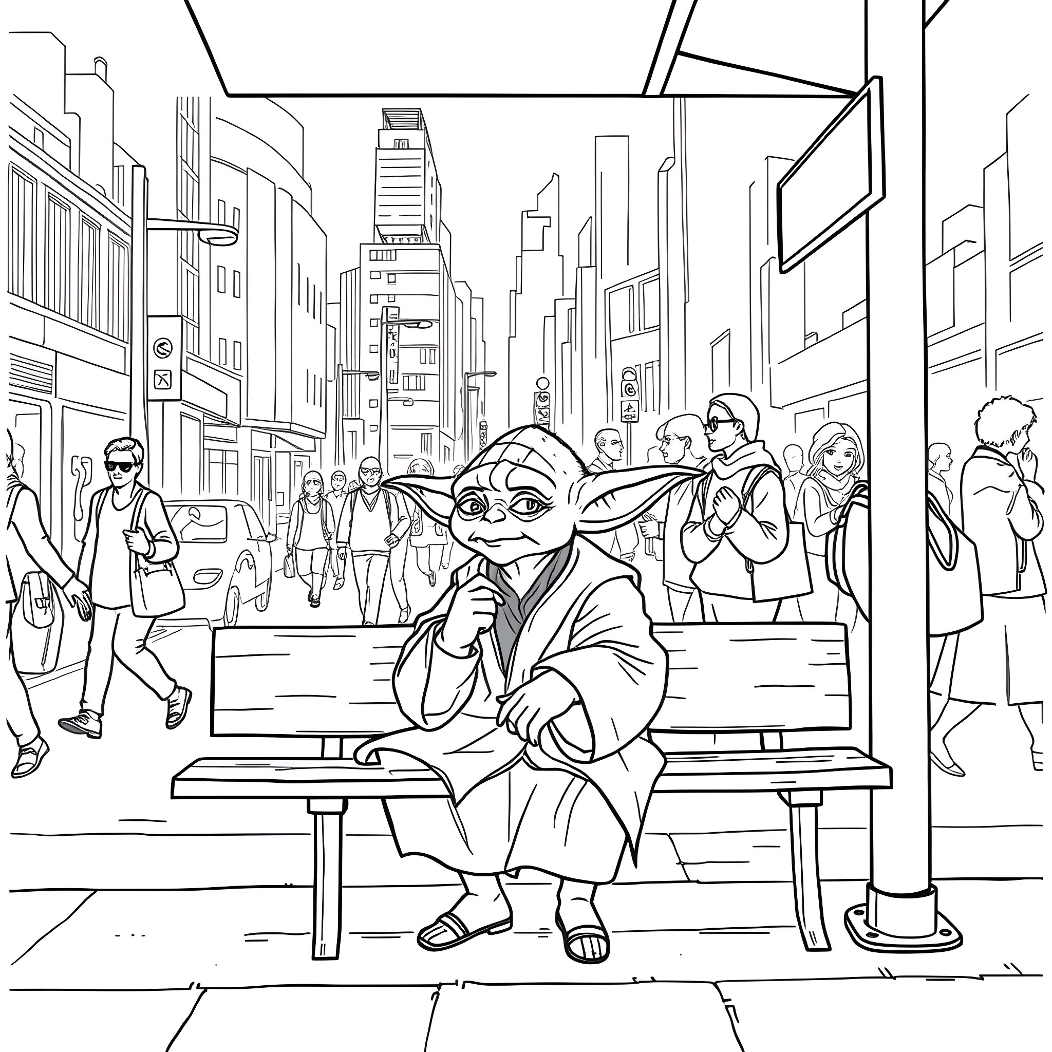 Yoda resting in the bustling city Coloring Page (free black-and-white line drawing printable PDF for all, from beginners to advanced learners, including children, teens, adults, and seniors)