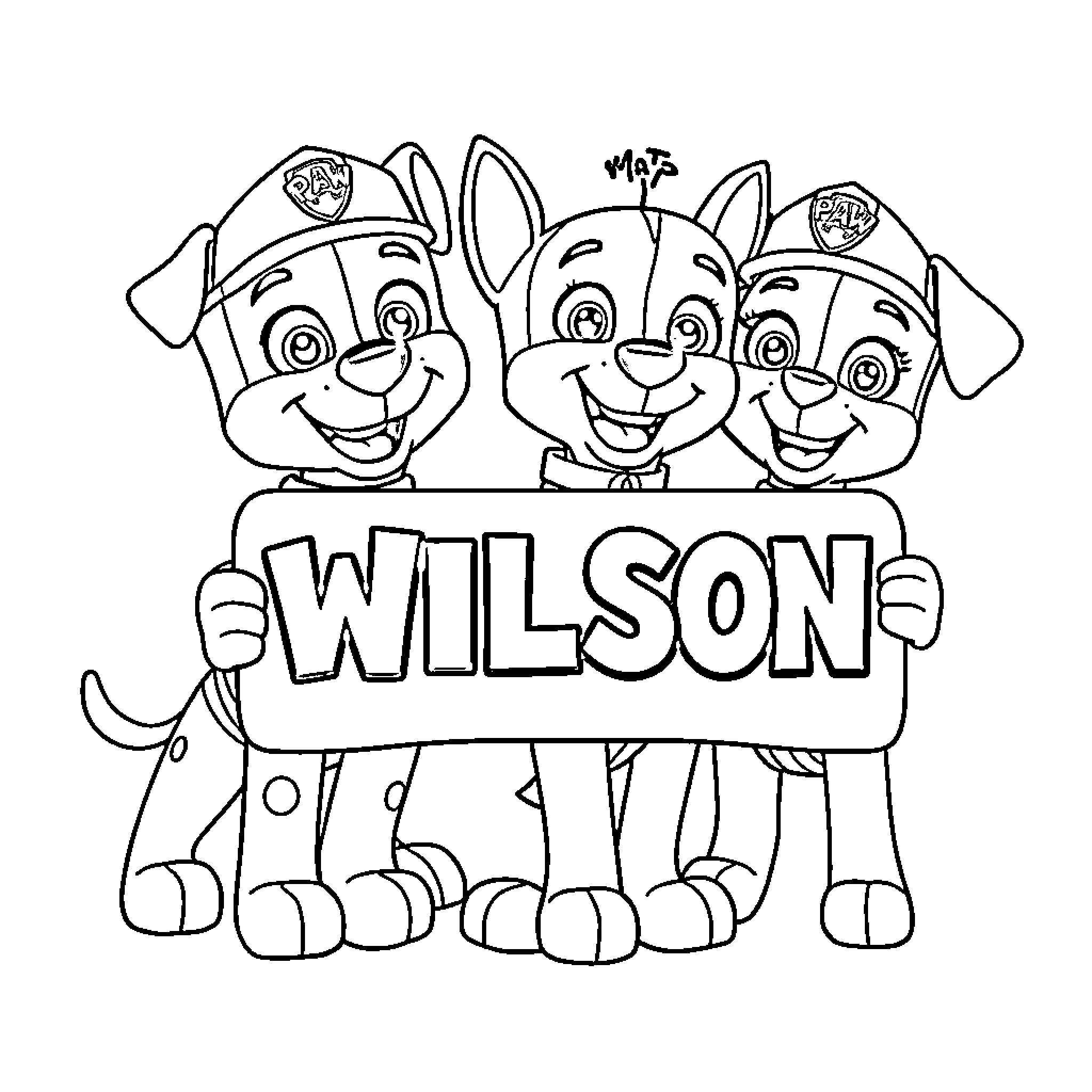 Pup team holding Wilson banner happily Coloring Page (free black-and-white line drawing printable PDF for all, from beginners to advanced learners, including children, teens, adults, and seniors)