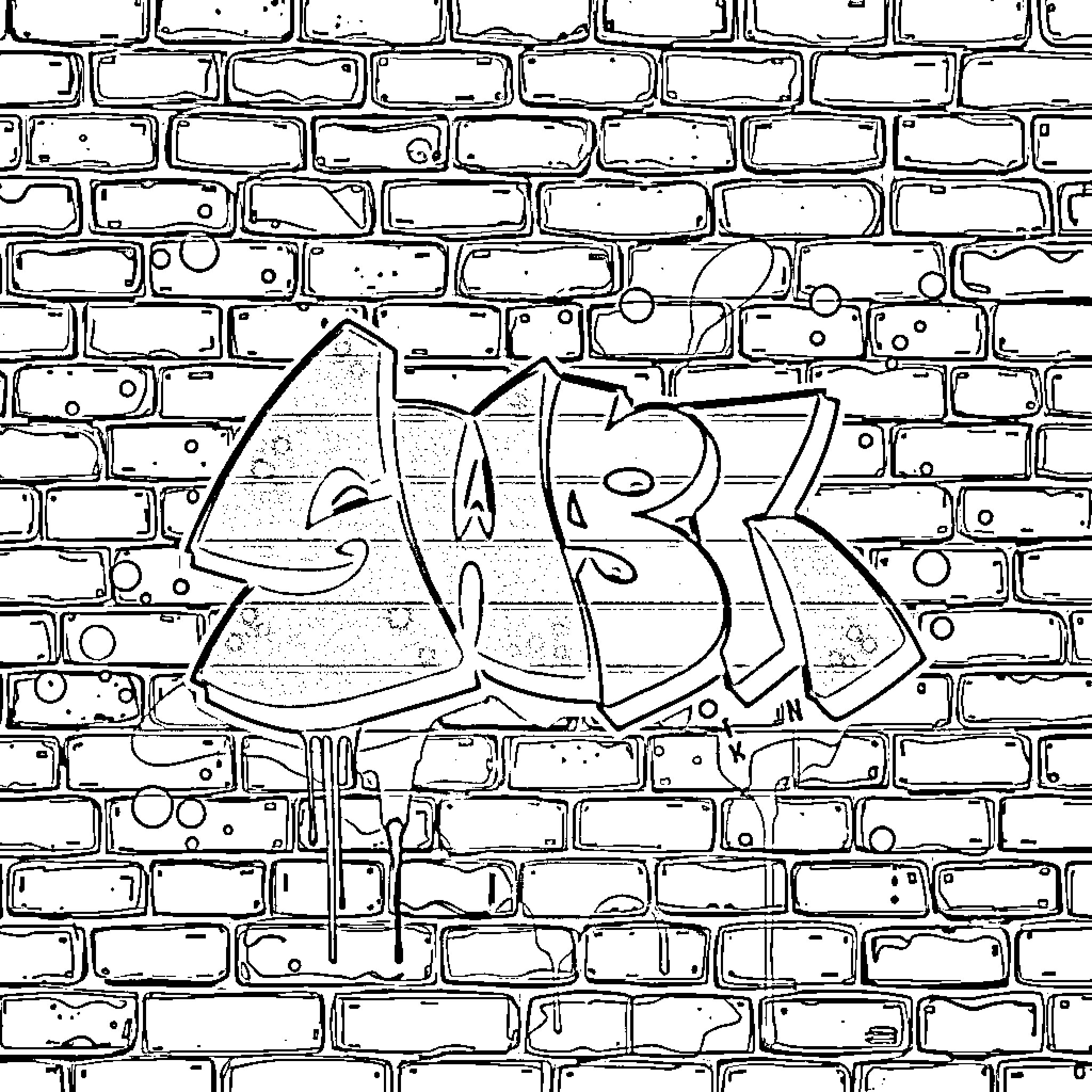 Graffiti on a brick wall Coloring Page (free black-and-white line drawing printable PDF for all, from beginners to advanced learners, including children, teens, adults, and seniors)