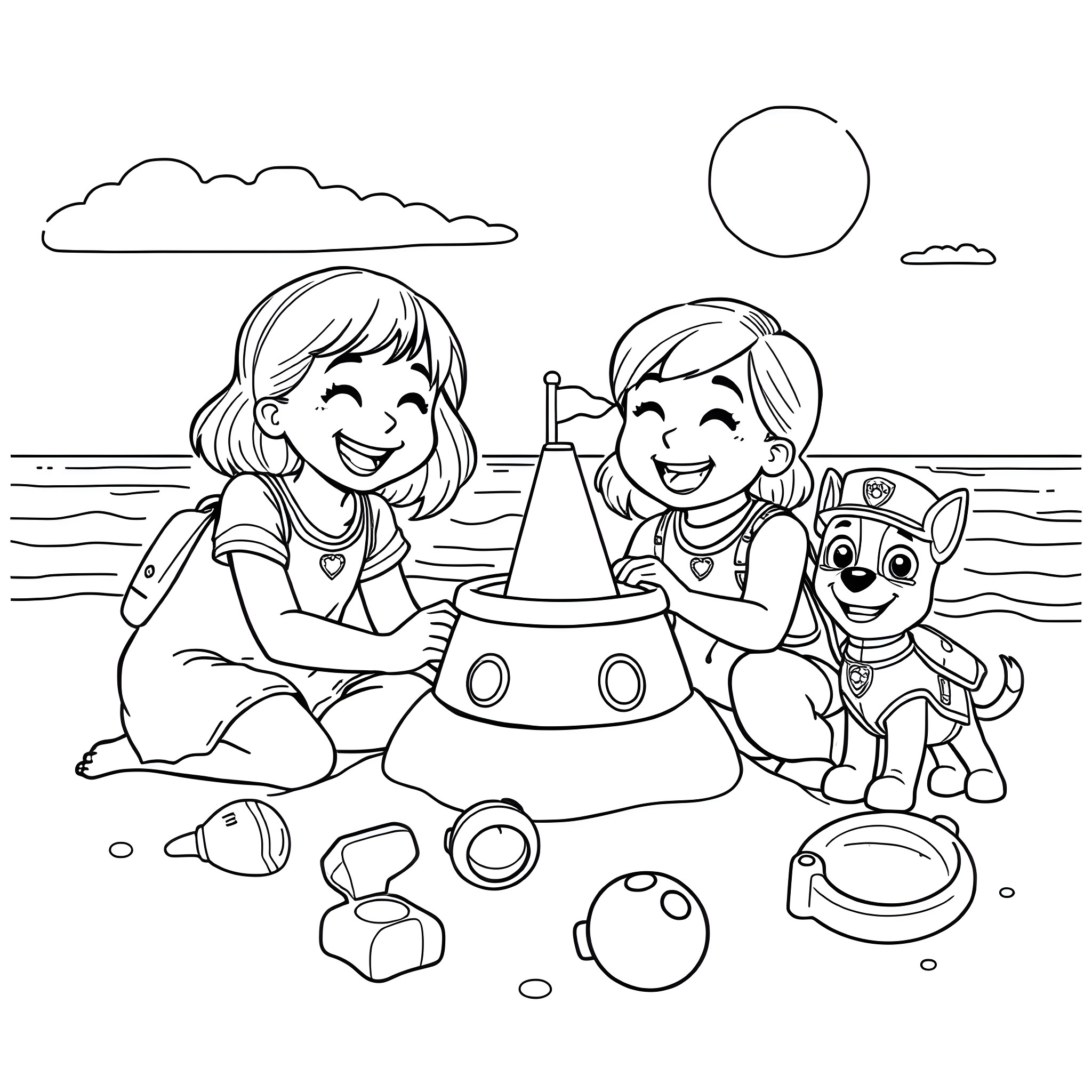 Sister's Beach Adventure with Puppy Companion Coloring Page (free black-and-white line drawing printable PDF for all, from beginners to advanced learners, including children, teens, adults, and seniors)
