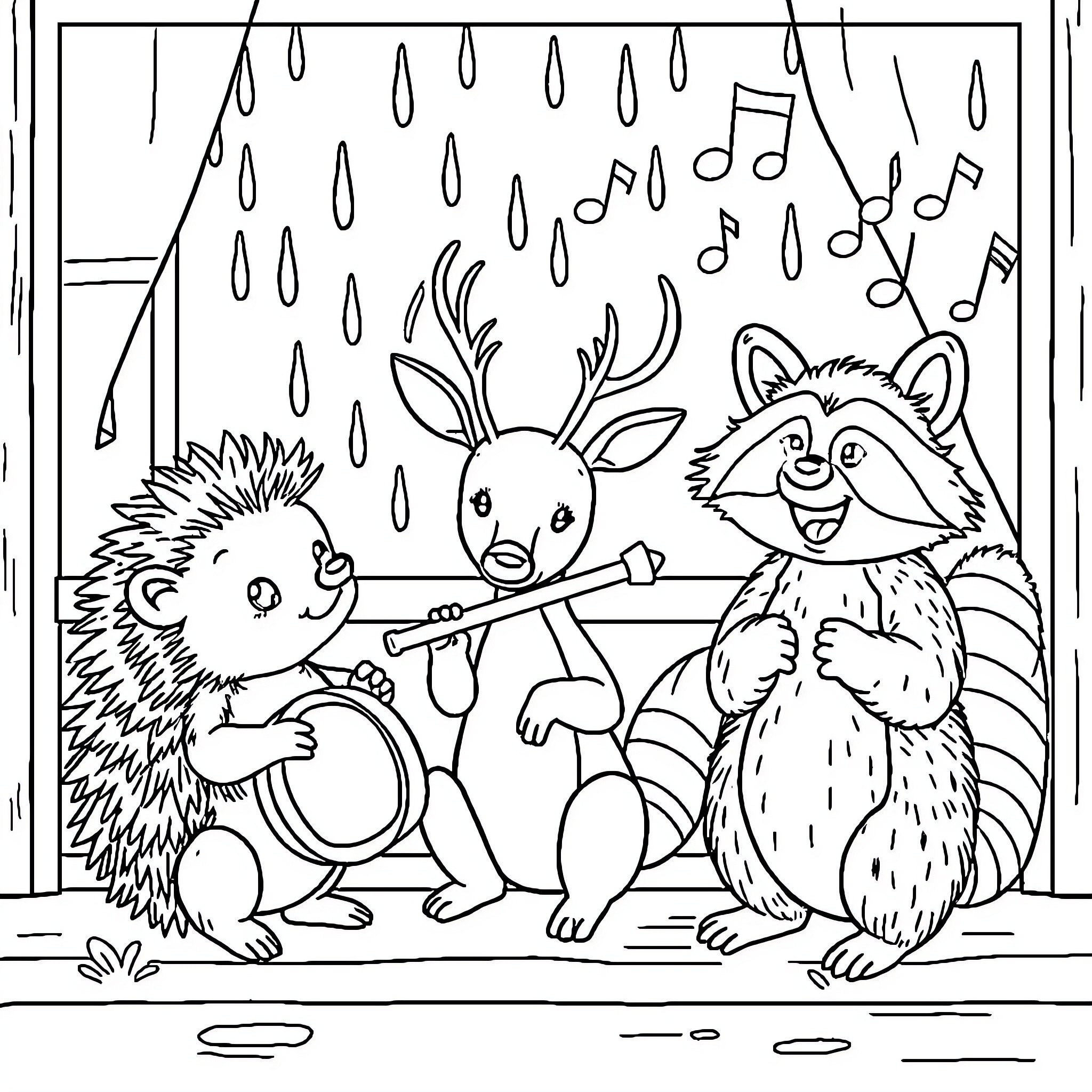 Hedgehog, Deer, and Raccoon Play Music in the Rain Coloring Page (free black-and-white line drawing printable PDF for all, from beginners to advanced learners, including children, teens, adults, and seniors)