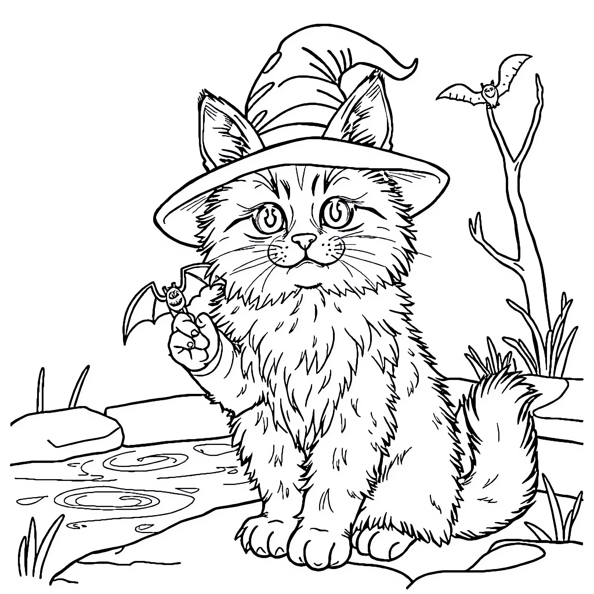 Cat in Witch's Hat with Bats and Pond Coloring Page (free black-and-white line drawing printable PDF for all, from beginners to advanced learners, including children, teens, adults, and seniors)