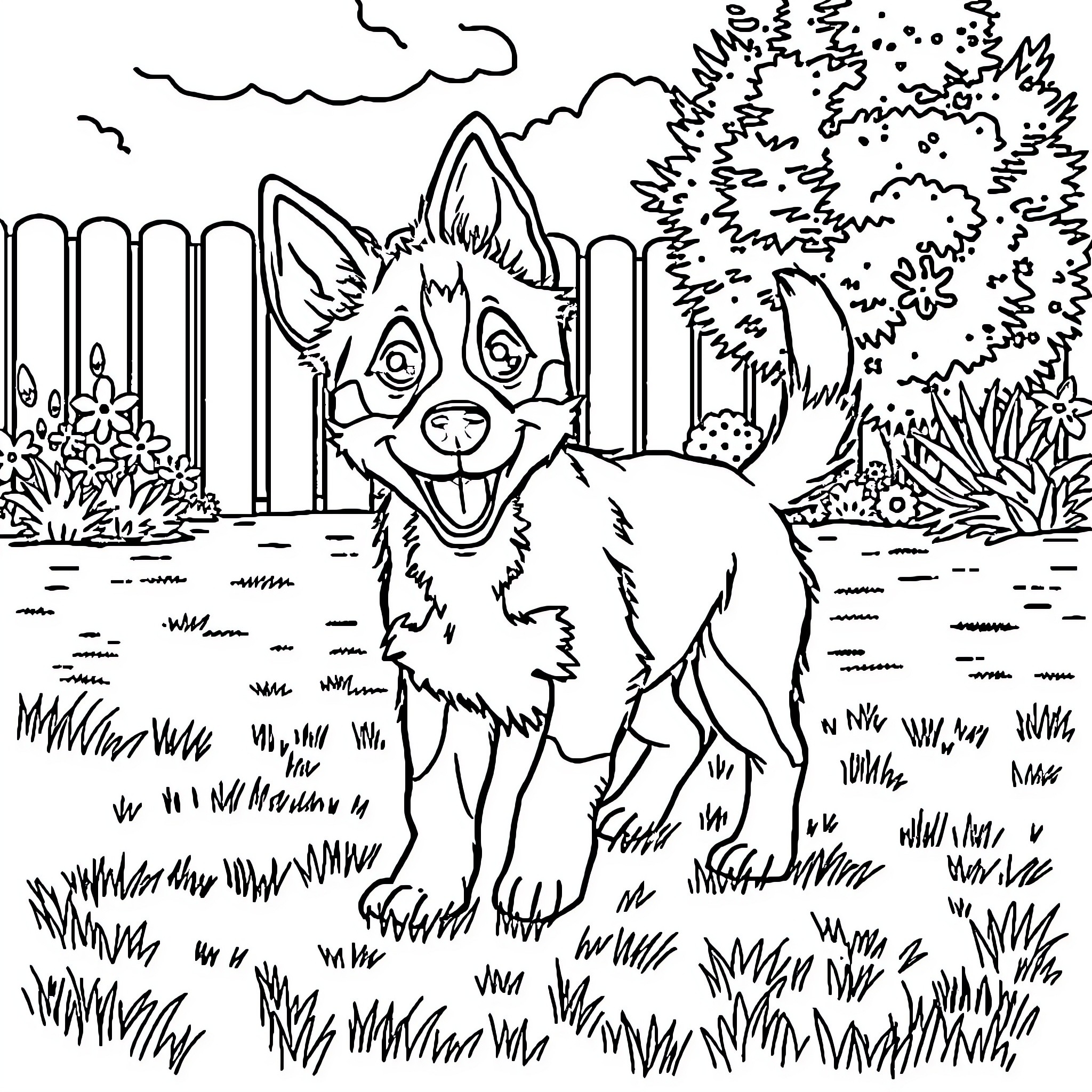 Bluey playing energetically in the backyard Coloring Page (free black-and-white line drawing printable PDF for all, from beginners to advanced learners, including children, teens, adults, and seniors)