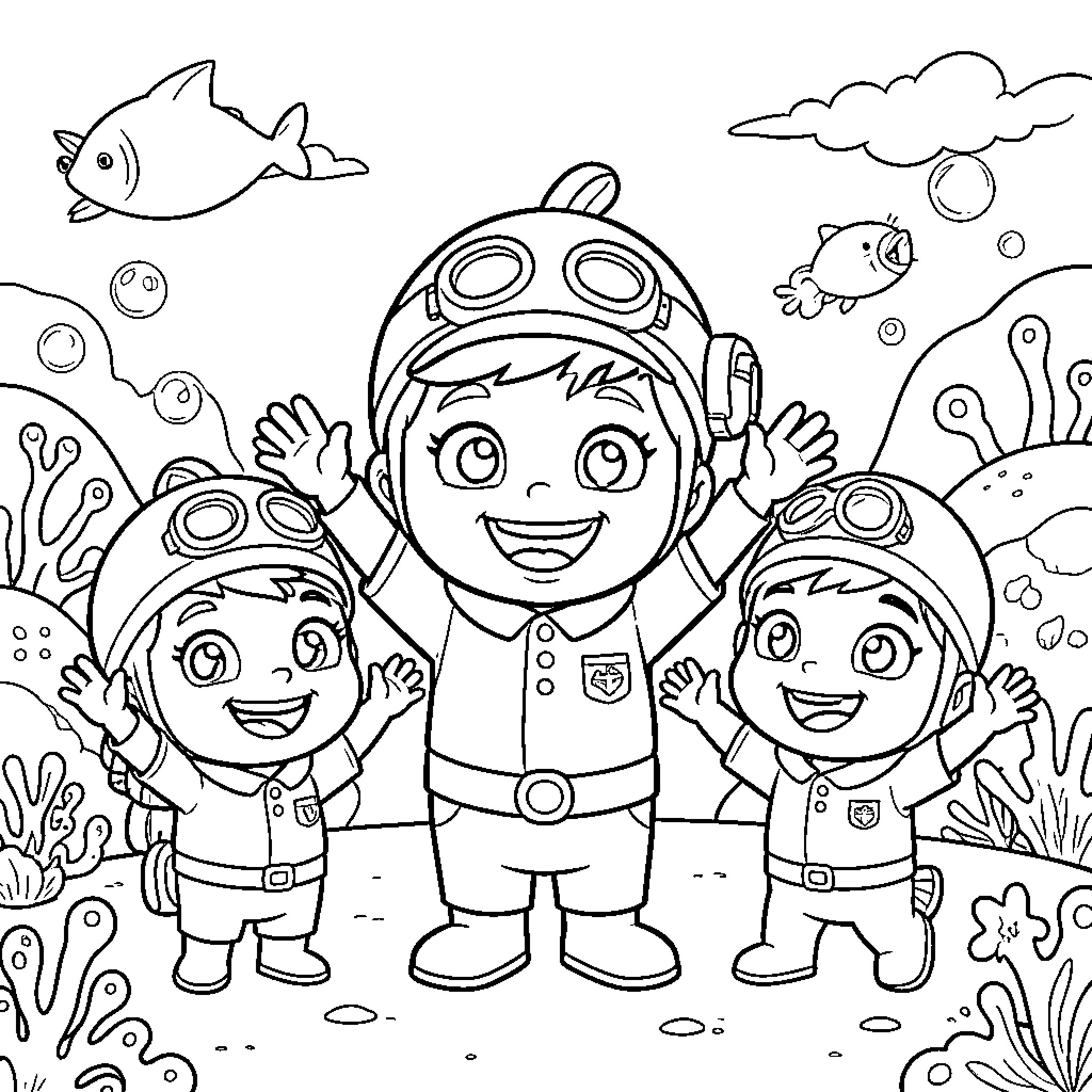 Octonauts exploring the underwater world Coloring Page (free black-and-white line drawing printable PDF for all, from beginners to advanced learners, including children, teens, adults, and seniors)